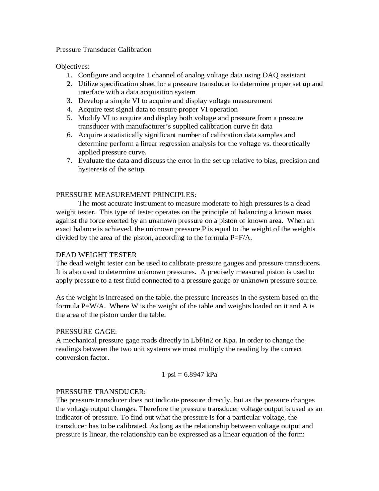 Pressure Transducer Calibration Exam Review MECH 591 Docsity