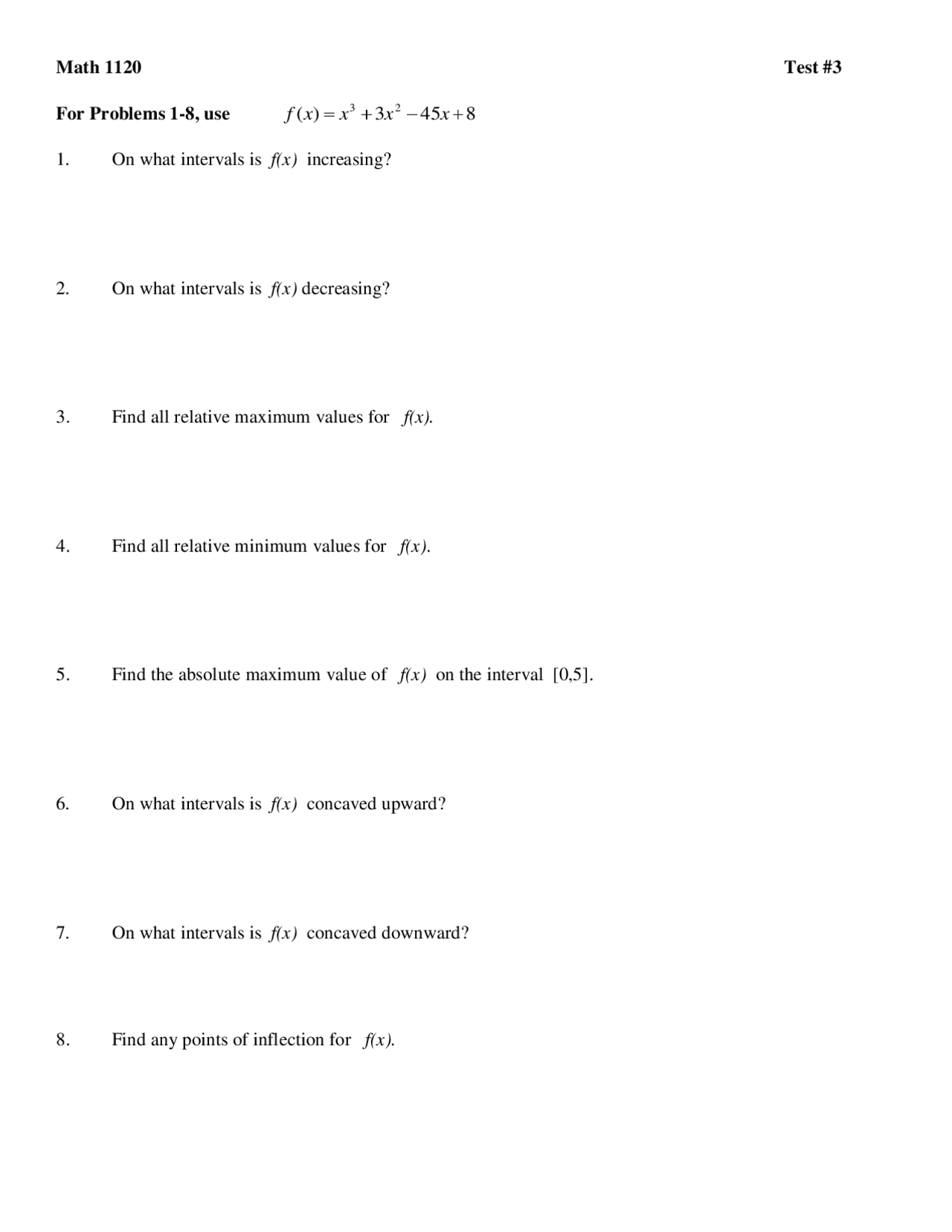 20 Problems on Relative Maximum and Minimum Values in Exam 3 | MATH ...