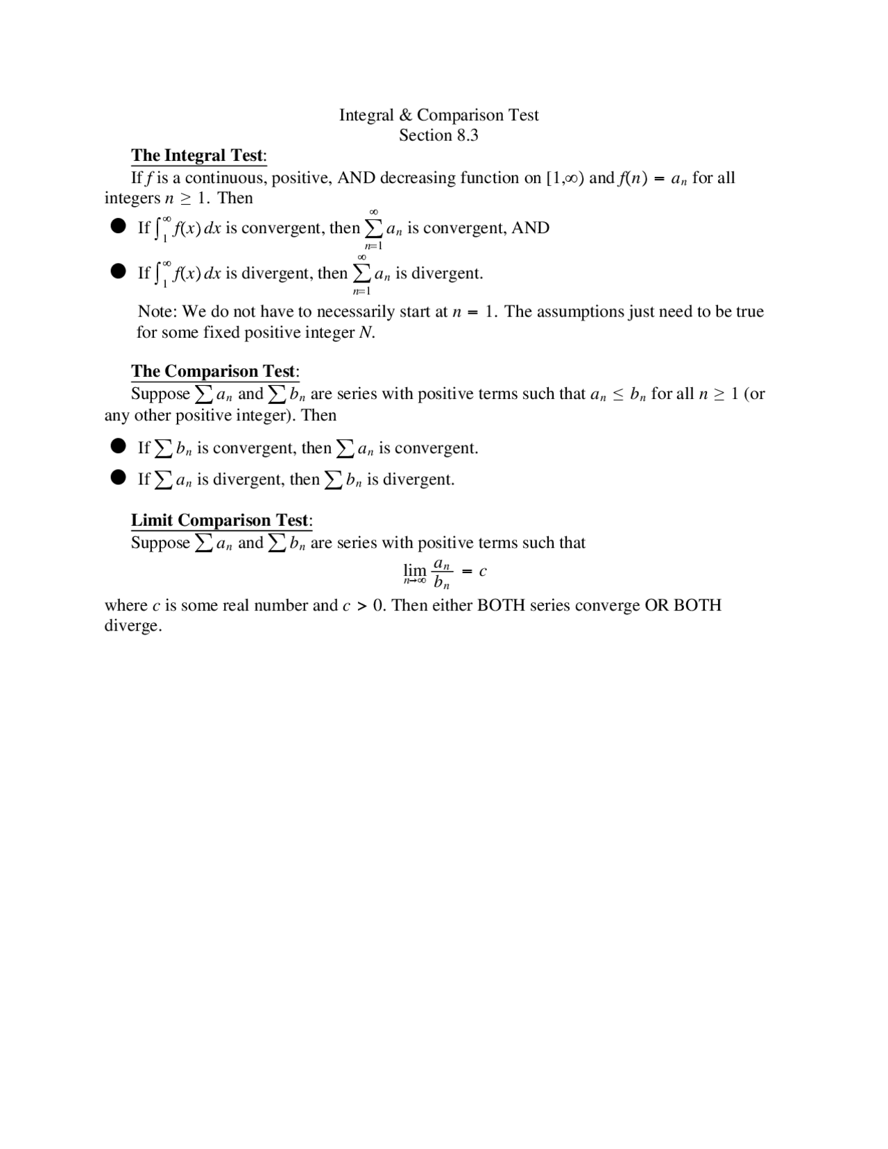 Integral Comparison Test Example Integral and Comparison Test - Calculus II | MATH 1920 - Docsity