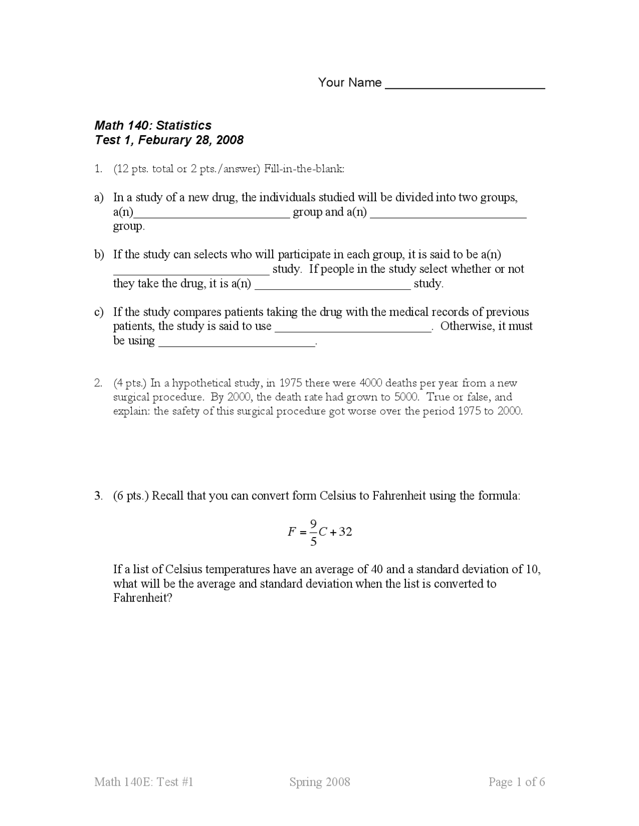 11 Questions on Statistics - Exam 1 | MATH 140 | Exams Statistics | Docsity
