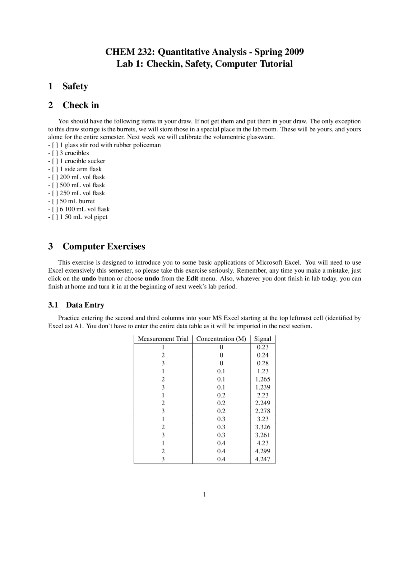 Laboratory #1: Checkin, Safety, Computer Tutorial | CHEM 232 - Docsity