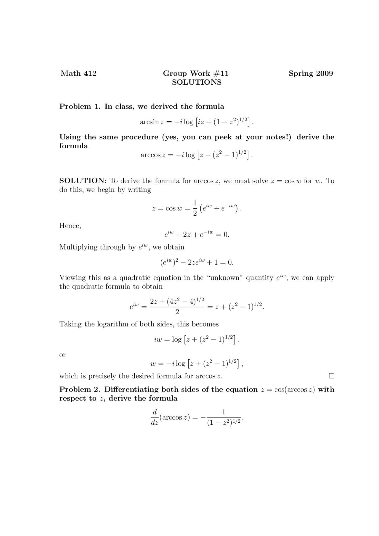 Solutions of 3 Problems on Complex Analysis | MATH 412 - Docsity