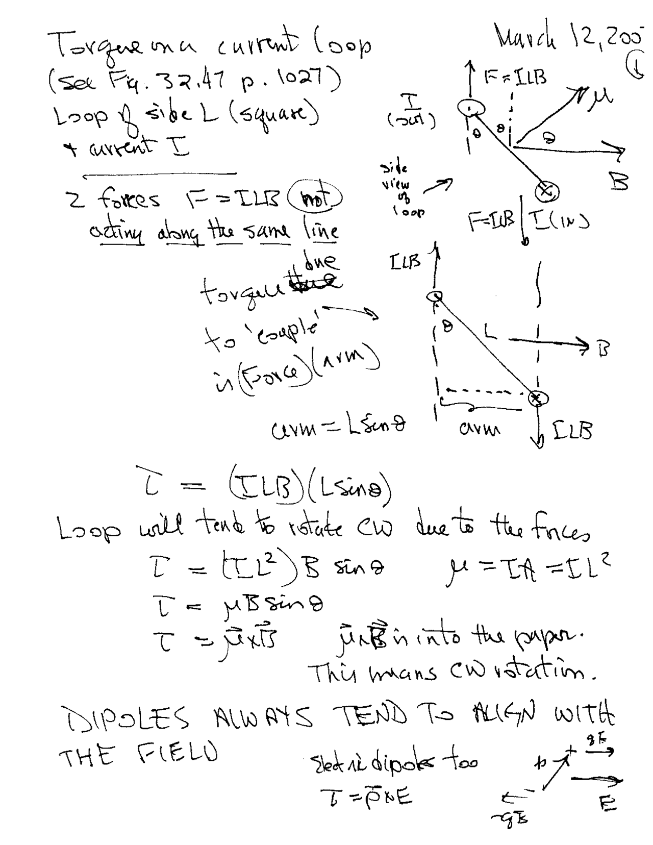 Torque on a Current Loop - Handwritten Notes | PH 113 - Docsity