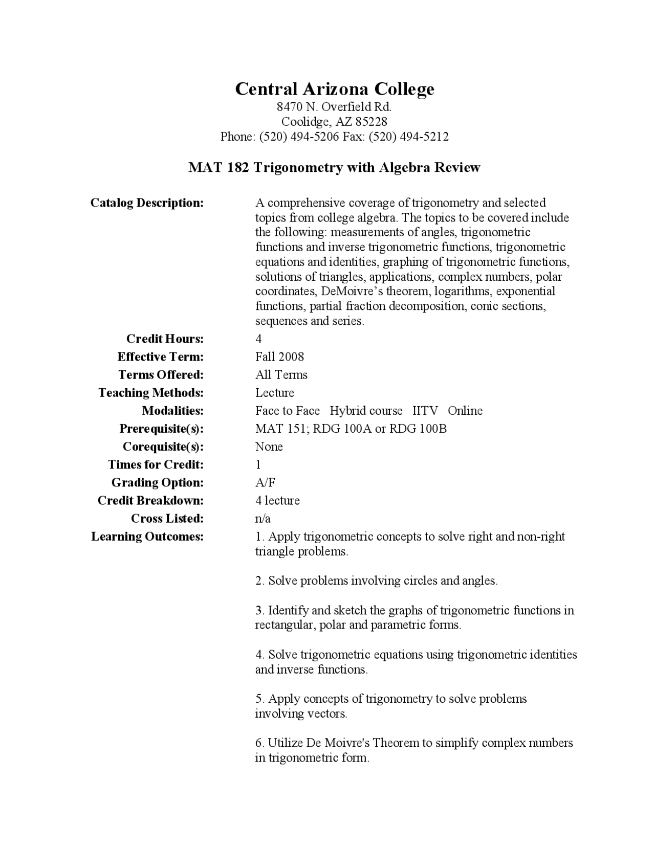 Catalog Description on the Trigonometry Review Sheet MAT 182 Docsity