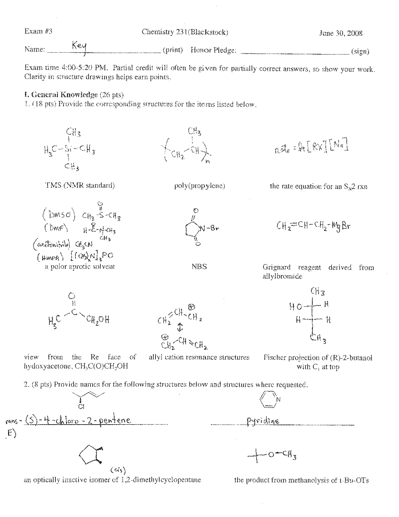 Elementary Organic Chemistry I - Exam 3 Solutions | CH 231 - Docsity