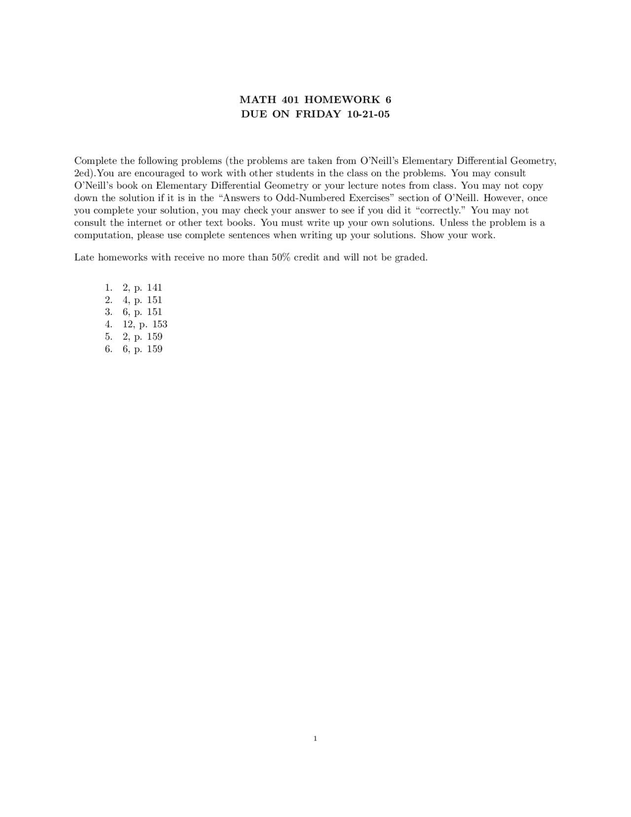 Homework 6 for O’Neill’s Elementary Differential Geometry MATH 401