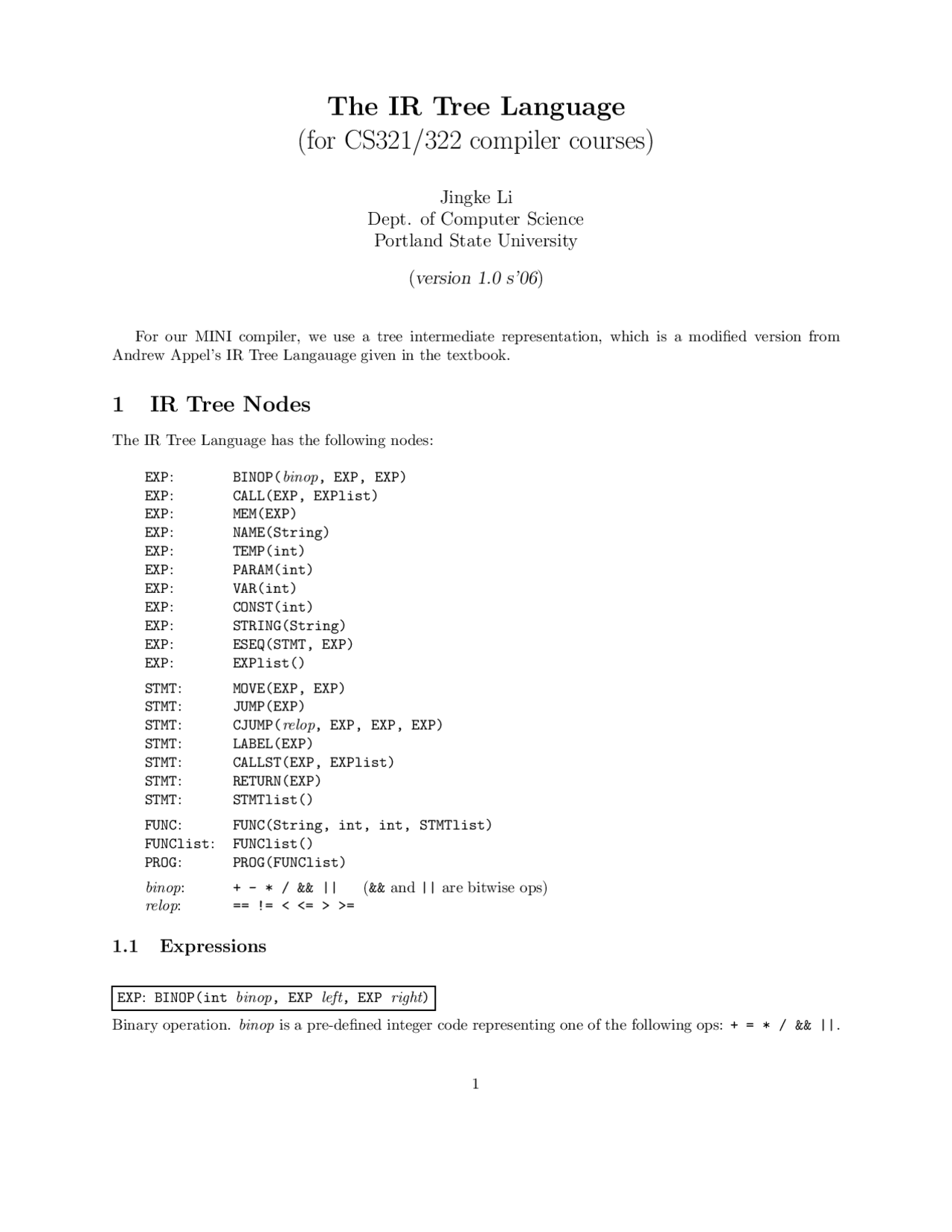 The IR Tree Language - Language Compiler Design - Examination 8 | CS ...