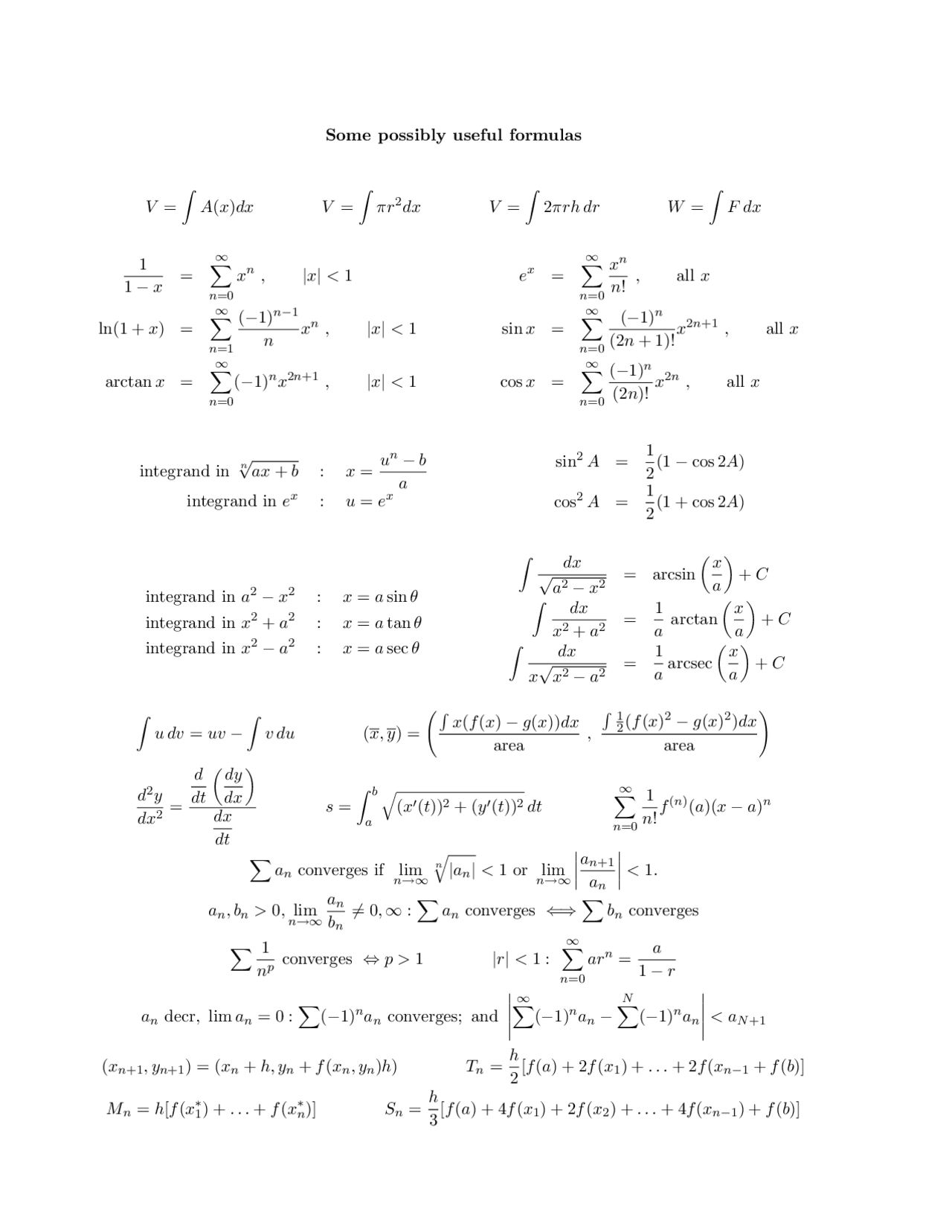 Some Possibly Useful Formulas - Calculus II | MATH 112 - Docsity
