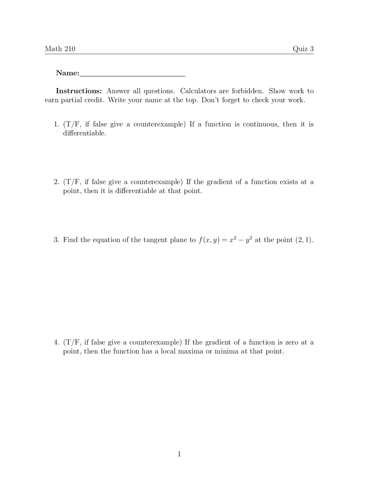 4 Unsolved Problems in Calculus III - Quiz 3 | MATH 210 - Docsity