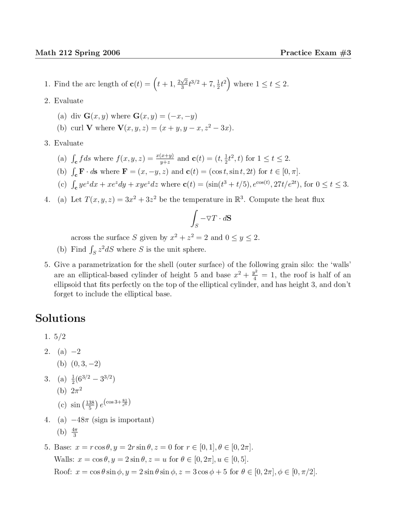 Practice Exam 3 Questions With Solutions Multivariable Calculus Math 212 Docsity