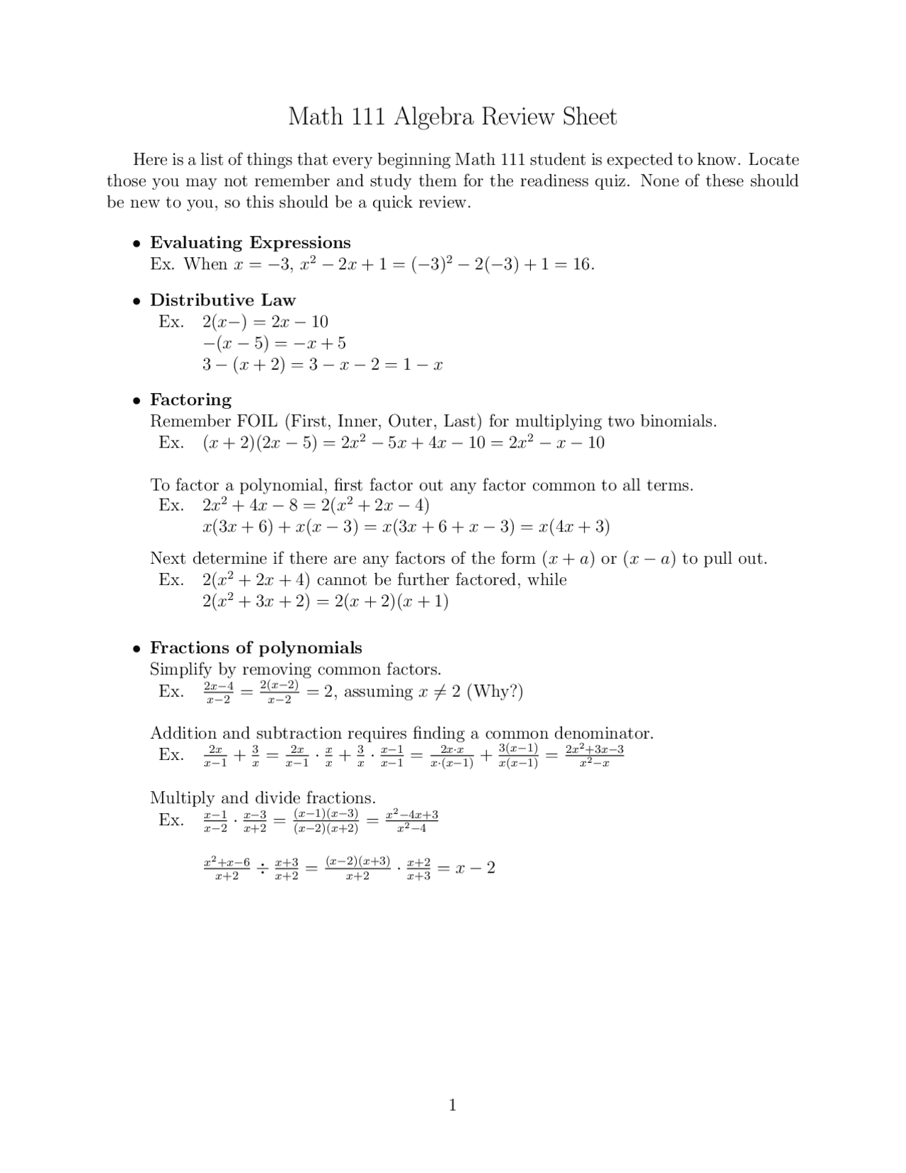 Review Sheet for Exam - College Algebra | MATH 111 - Docsity
