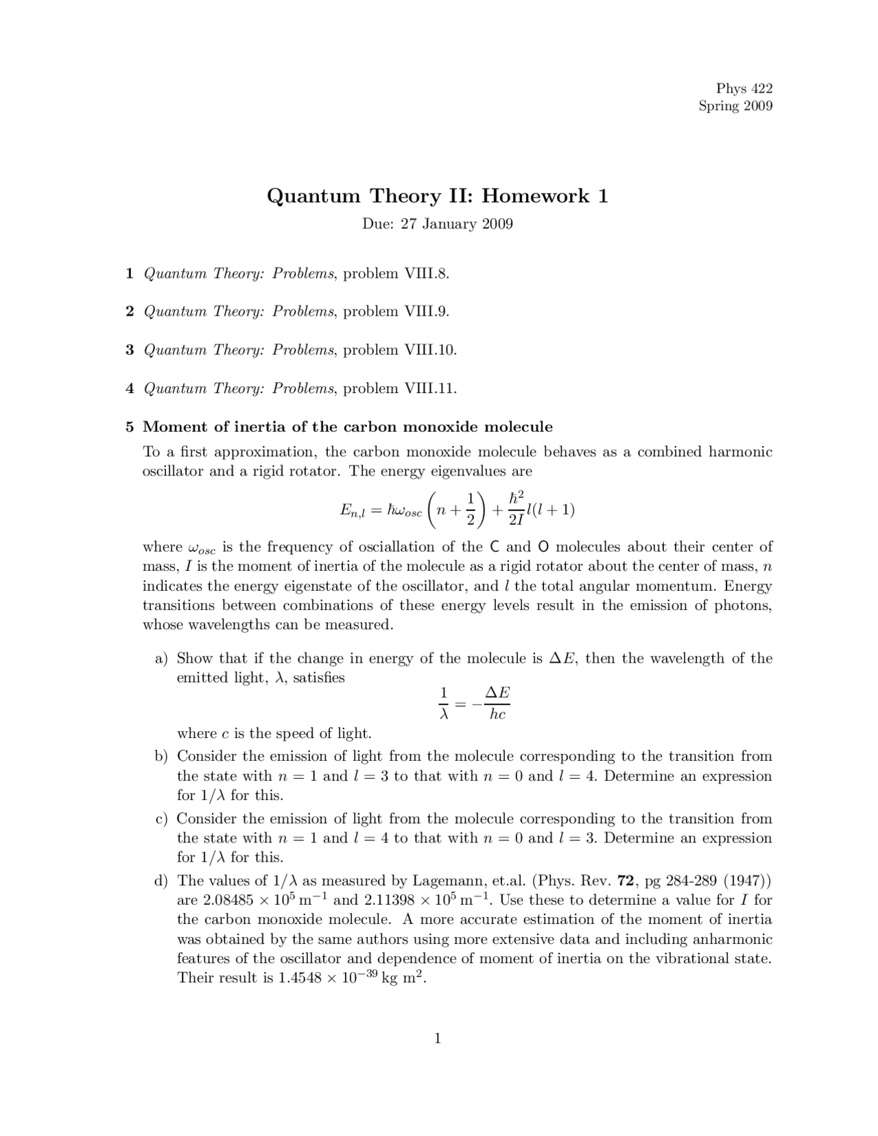 Homework 1 Problems for Quantum Theory II | PHYS 422 - Docsity