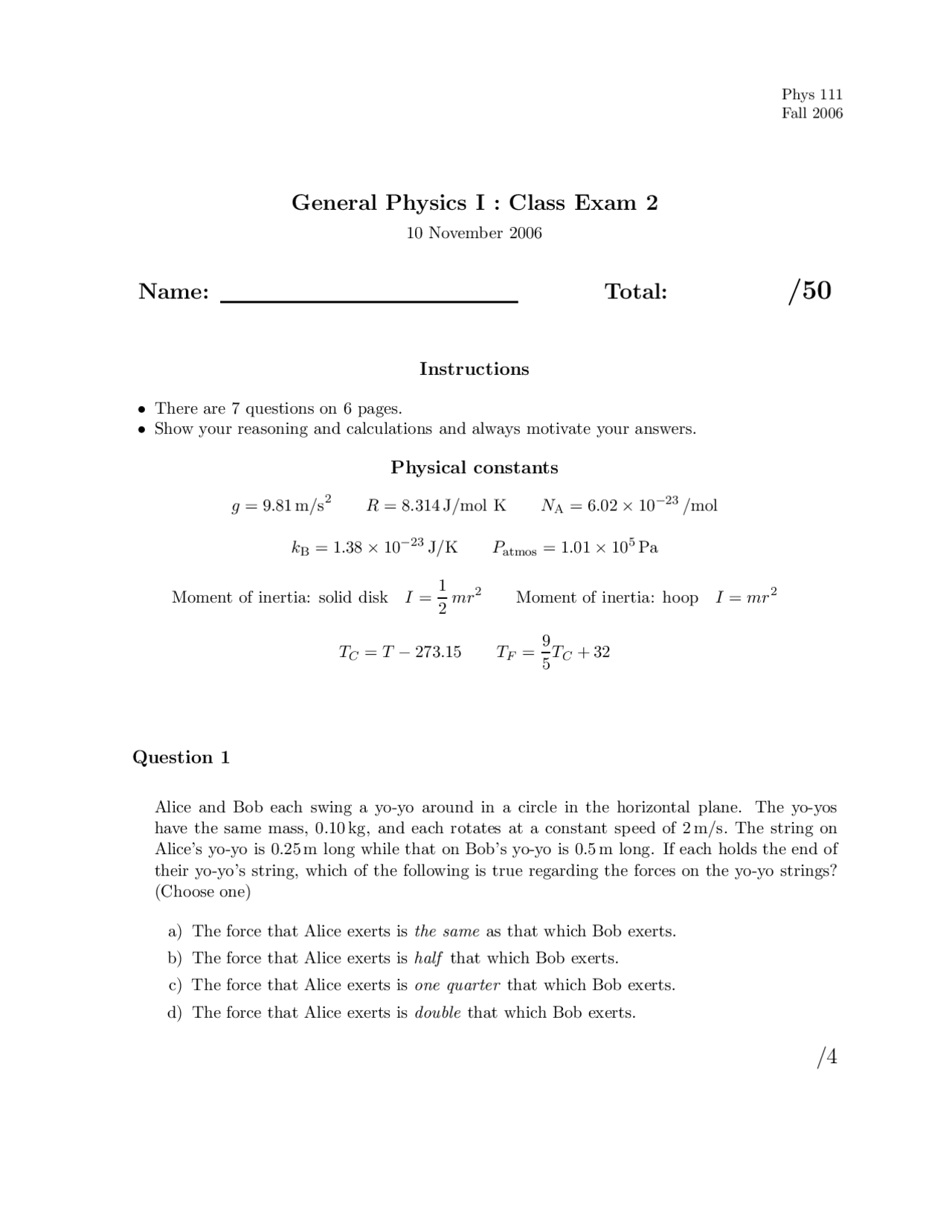 Phys 111 Fall 2006 General Physics I Exam 2 | Exams Physics | Docsity