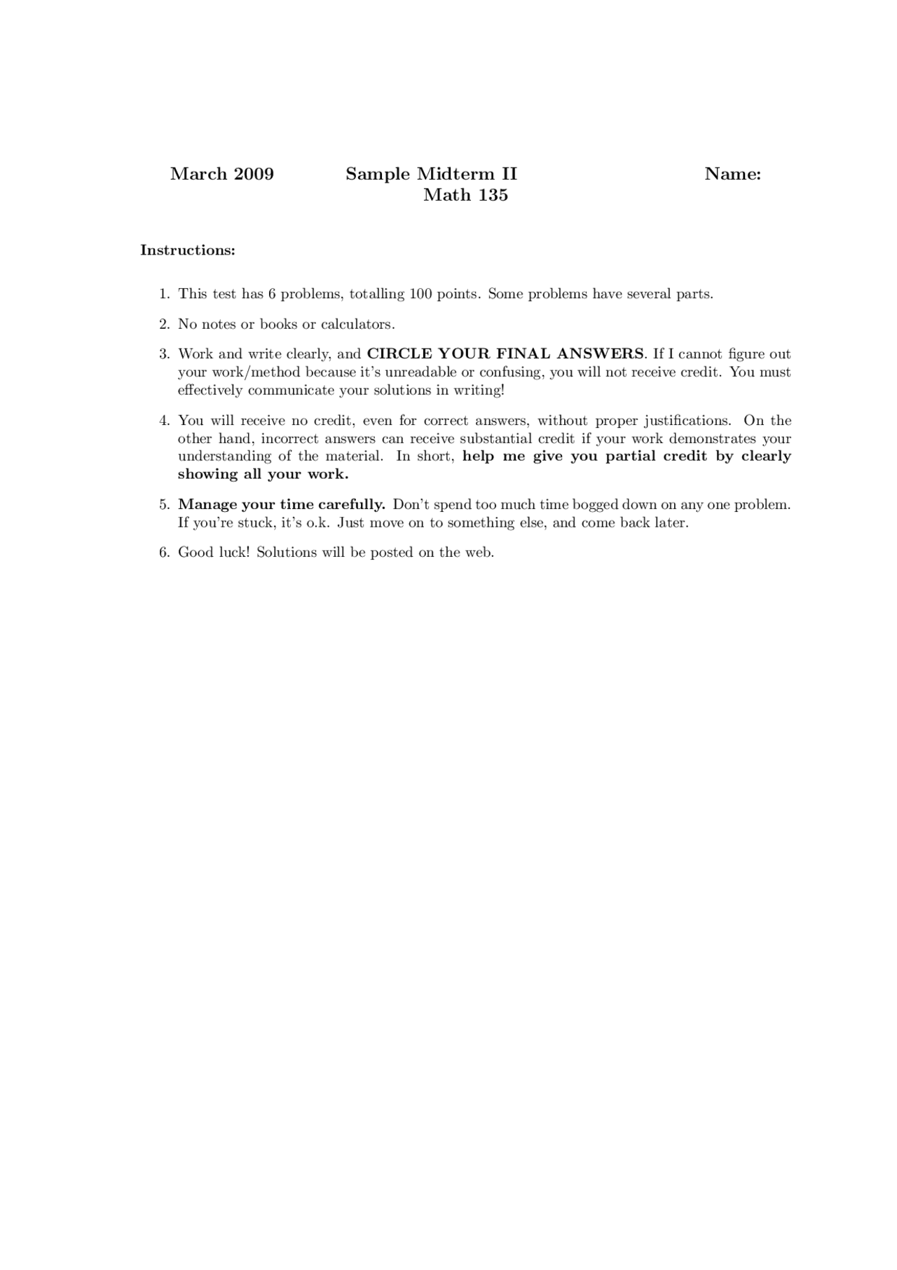 Sample Midterm 2 | Business Calculus | MATH 135 - Docsity