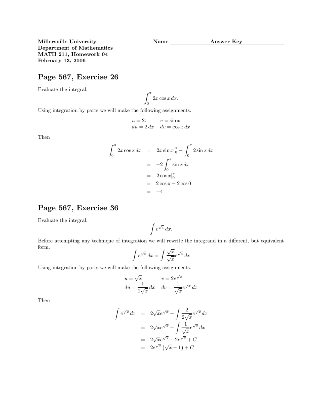 Problem Set 4 with Solution - Calculus 2 | MATH 211 - Docsity