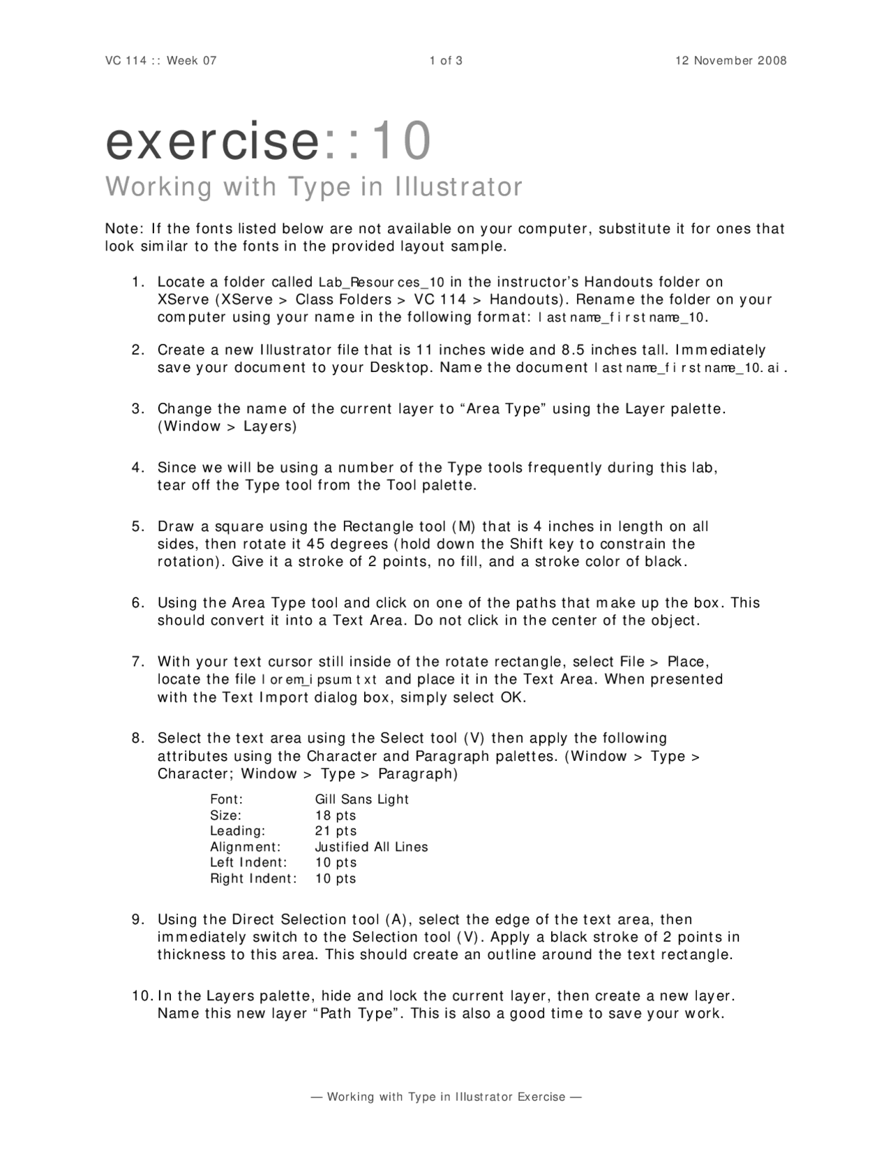 Exercise 10: Working with Type in Illustrator - 2008 | VC 114 - Docsity