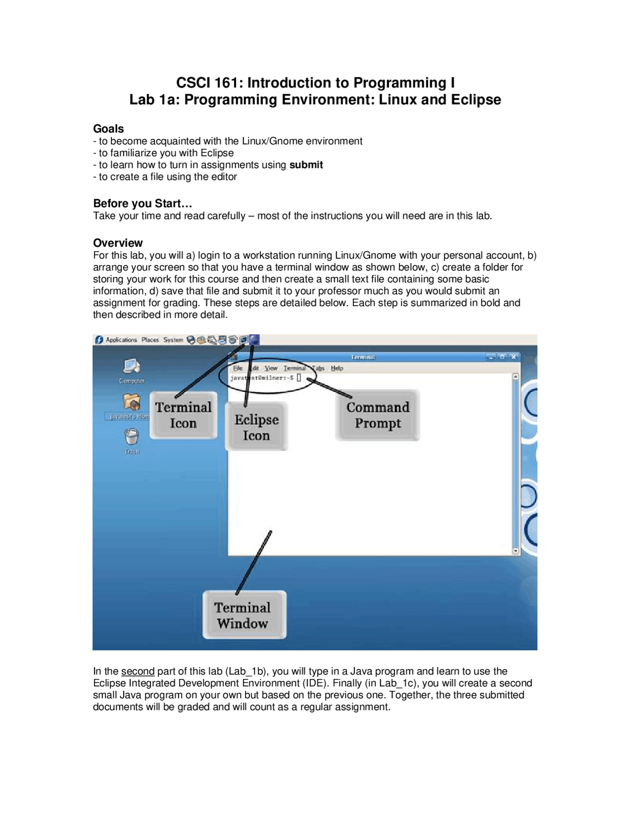 Programming Environment: Linux and Eclipse - Lab 1a | CSCI 161 - Docsity