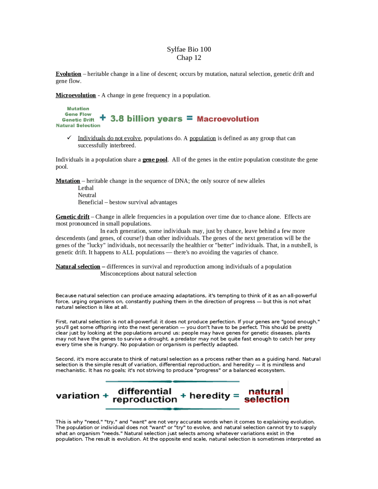 Evolution Bio Notes Evolution - Fundamentals of Biology - Notes | BIO 100 - Docsity