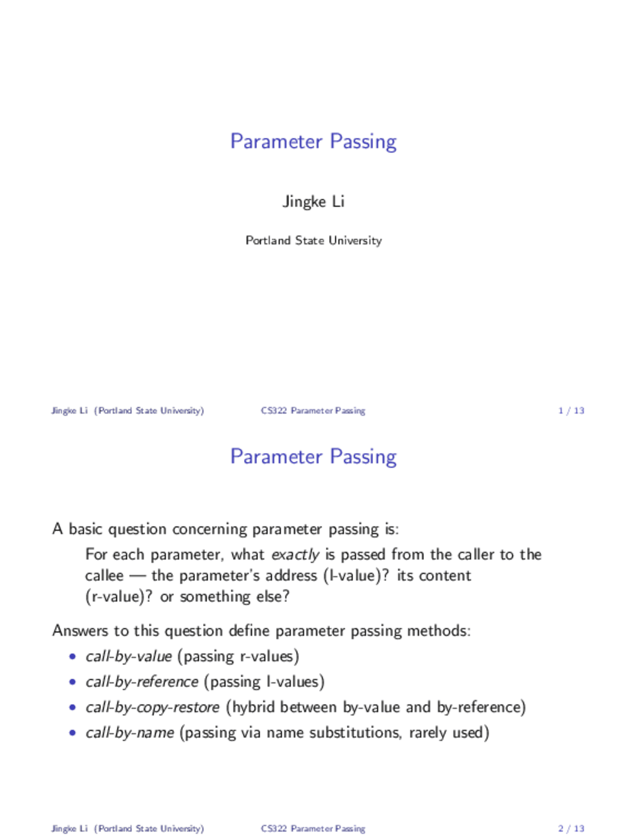 Slides on Parameter Passing - Compiler Design | CS 322 - Docsity