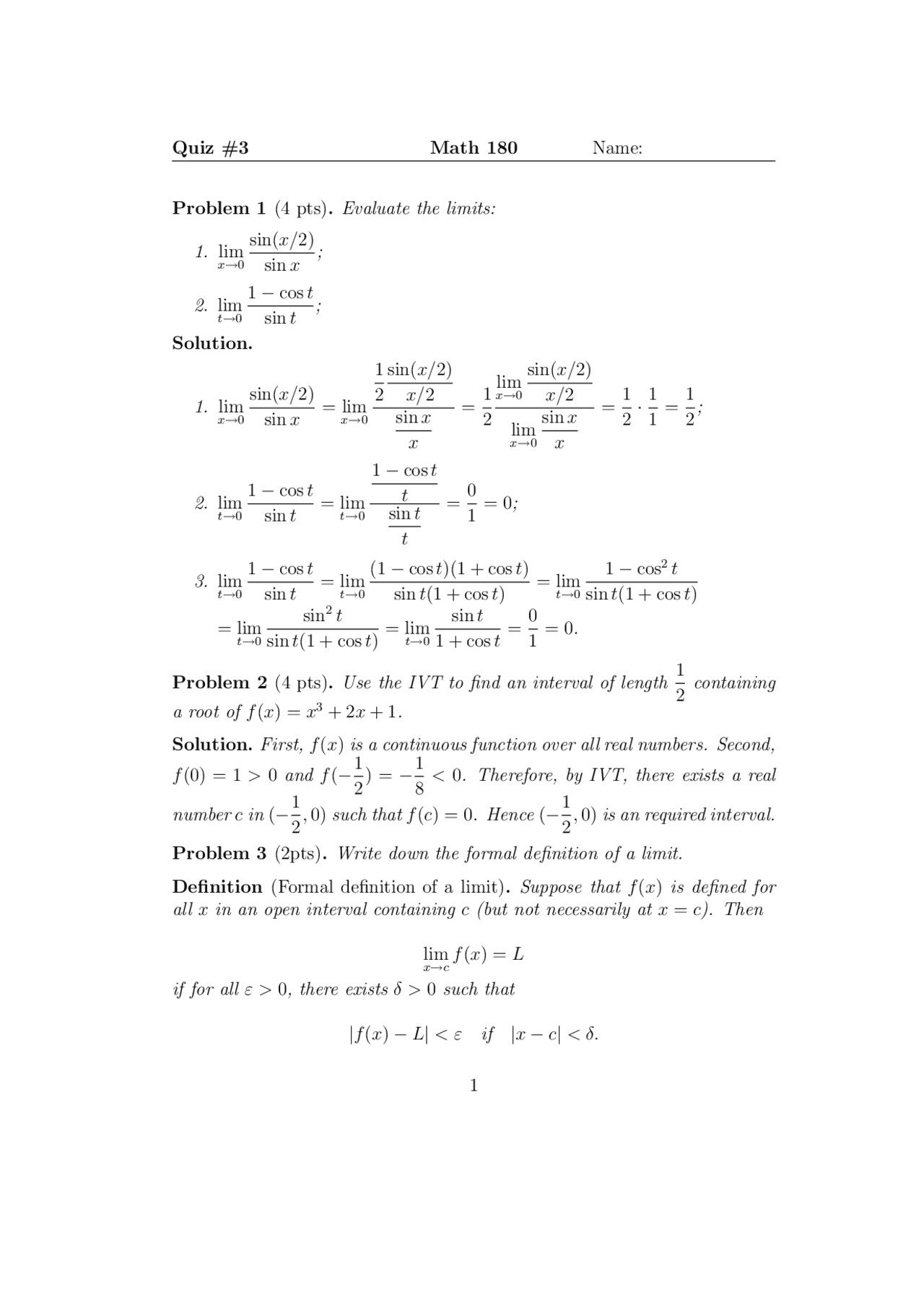 Calculus I Math Questions 3 Solved Problems for Quiz 3 - Calculus I | MATH 180 - Docsity