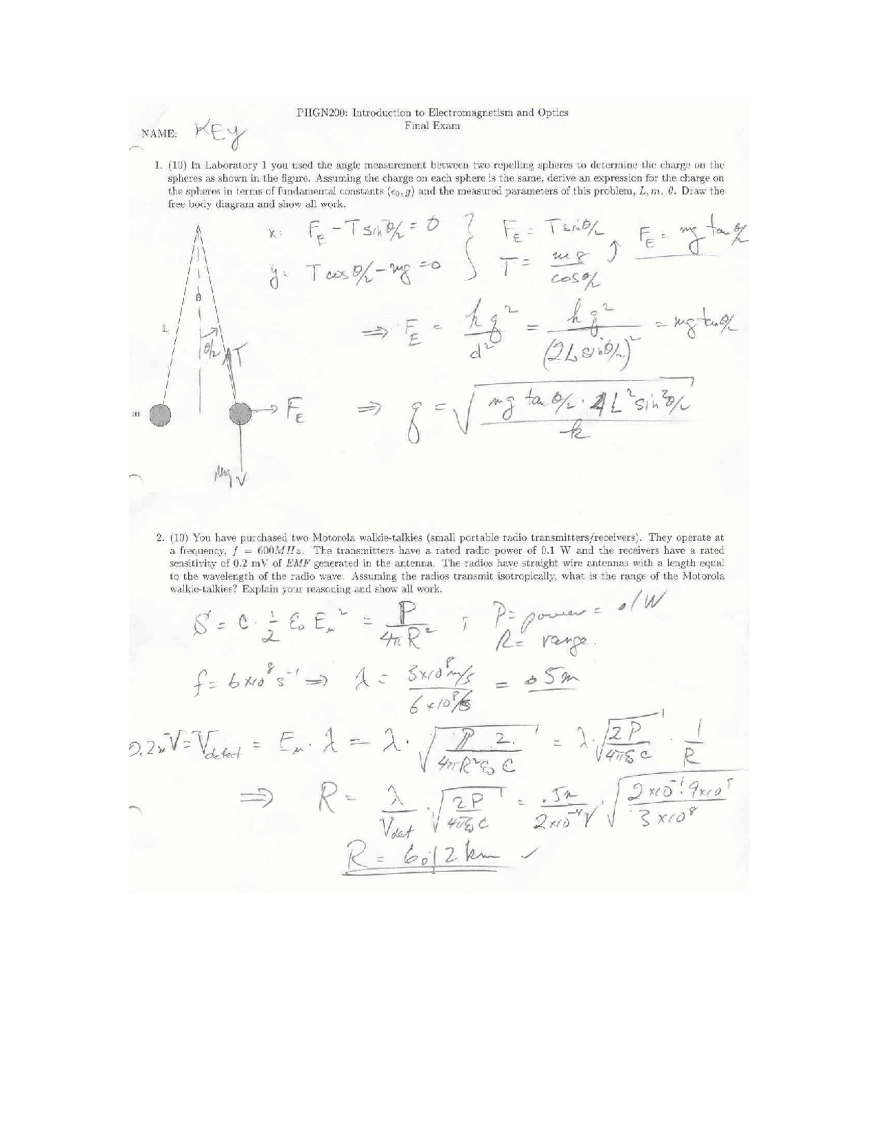 Final Exam with Answer Key - Physics II Electromagnet and Optics | PHGN ...
