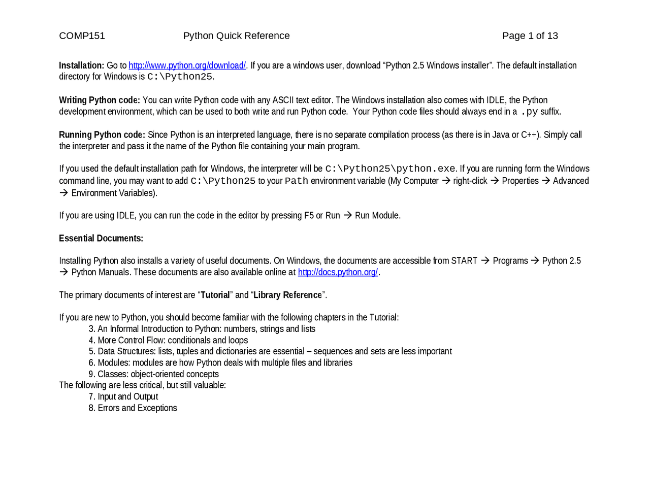 Python Quick Reference - Artificial Intelligence | COMP 151 - Docsity