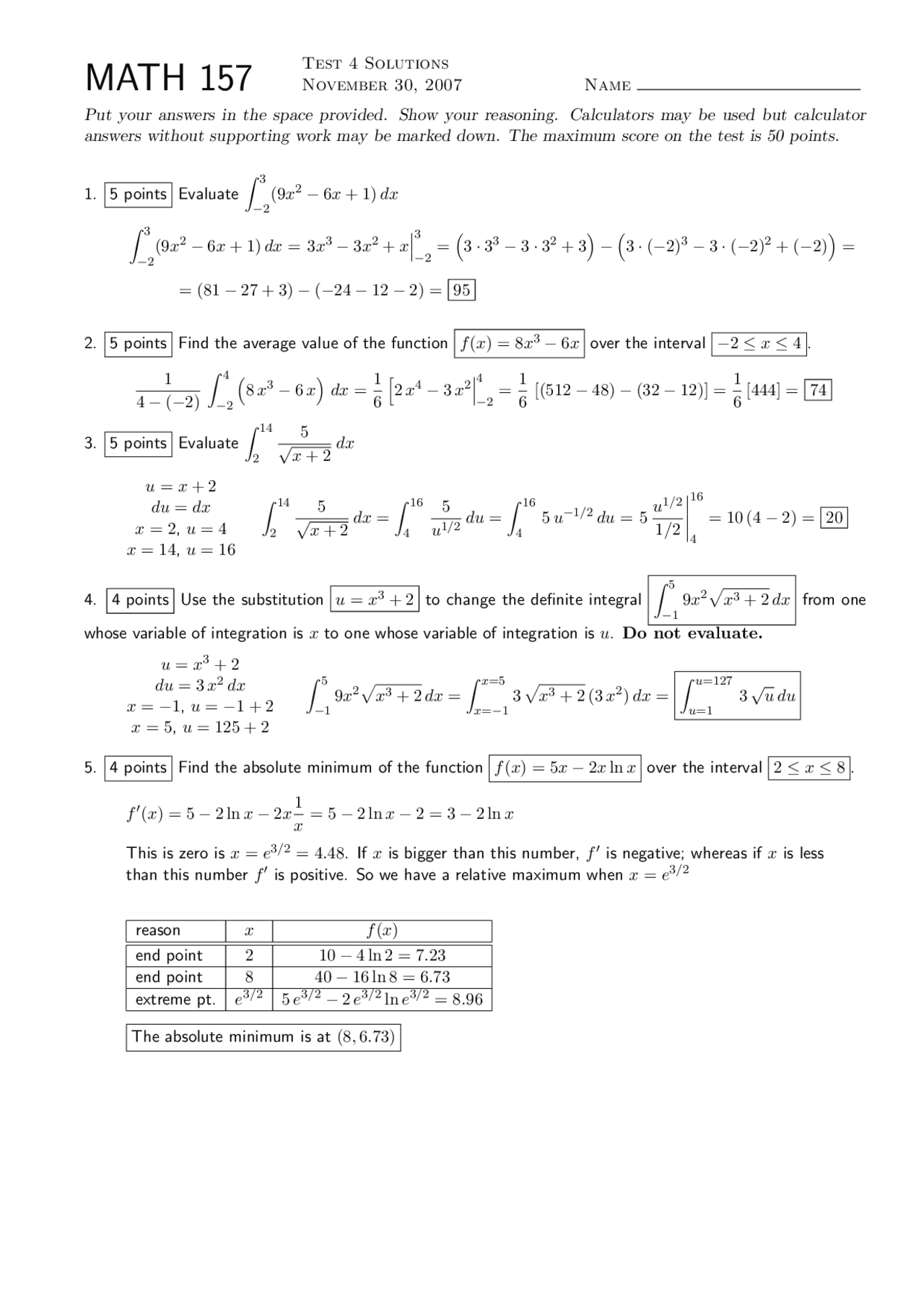 Solved Test 4 - Calculus with Applications to Business and Economics ...