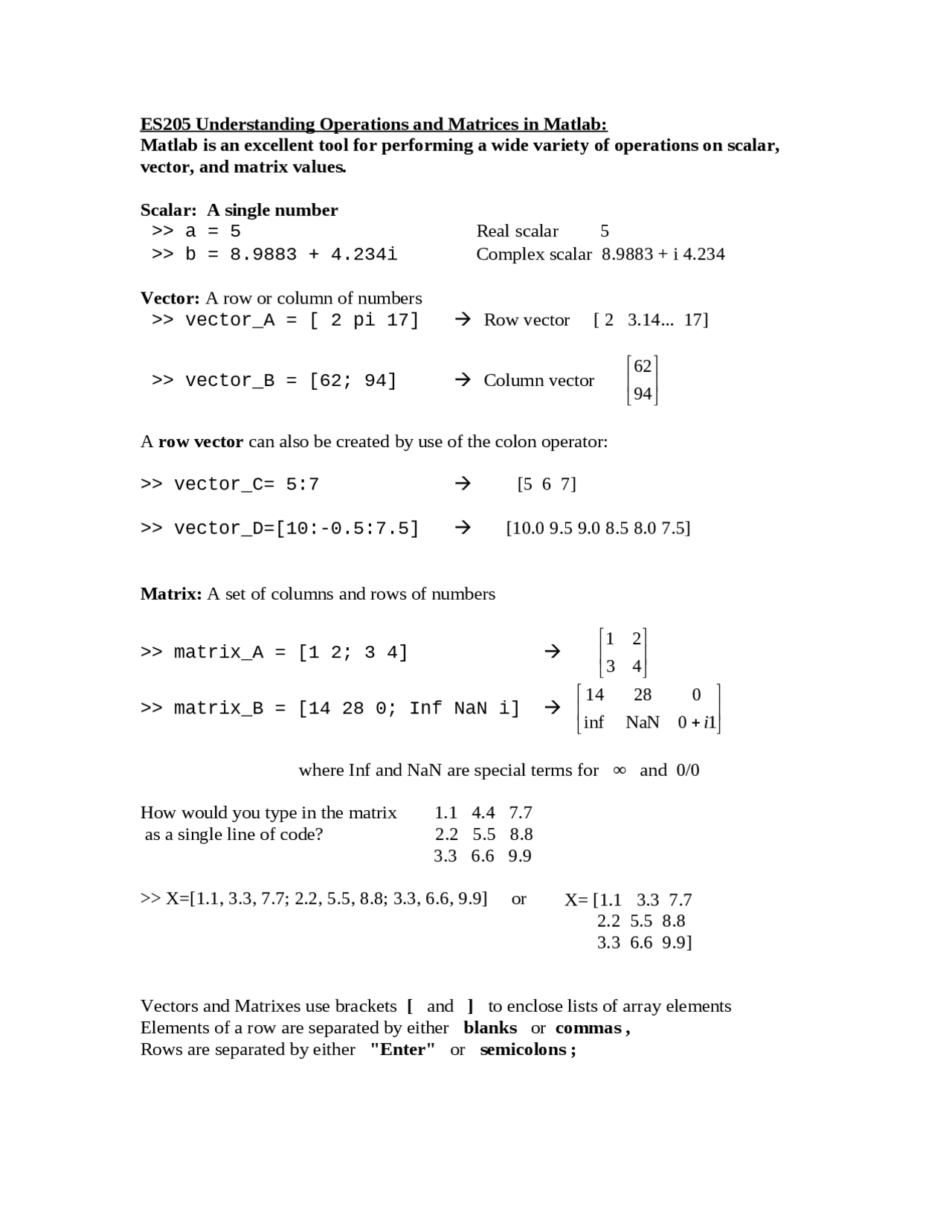 Matlab Matrix Math Rules Understanding Operations and Matrices in MATLAB | ES 205 - Docsity