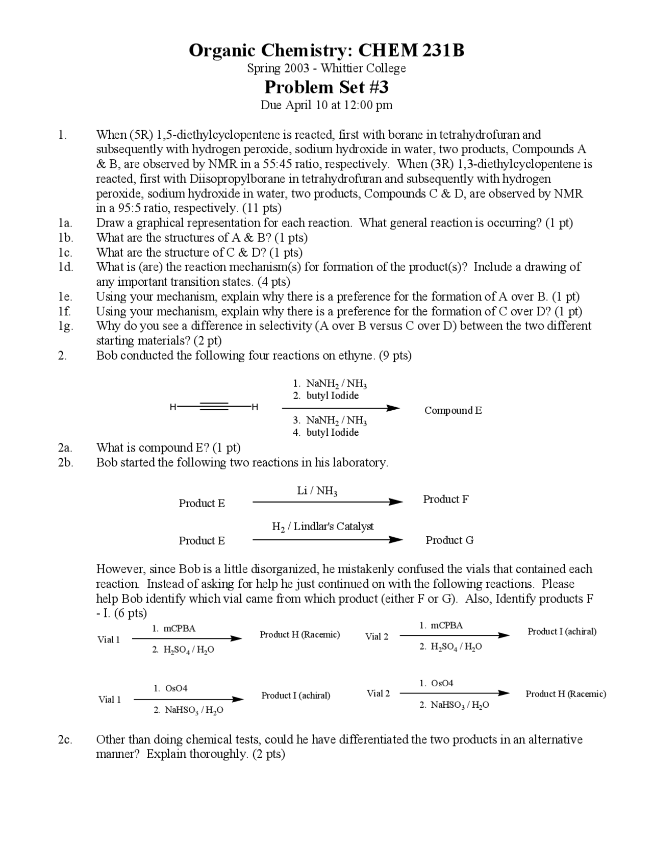 Problem Set 3 for Organic Chemistry II | CHEM 231B - Docsity