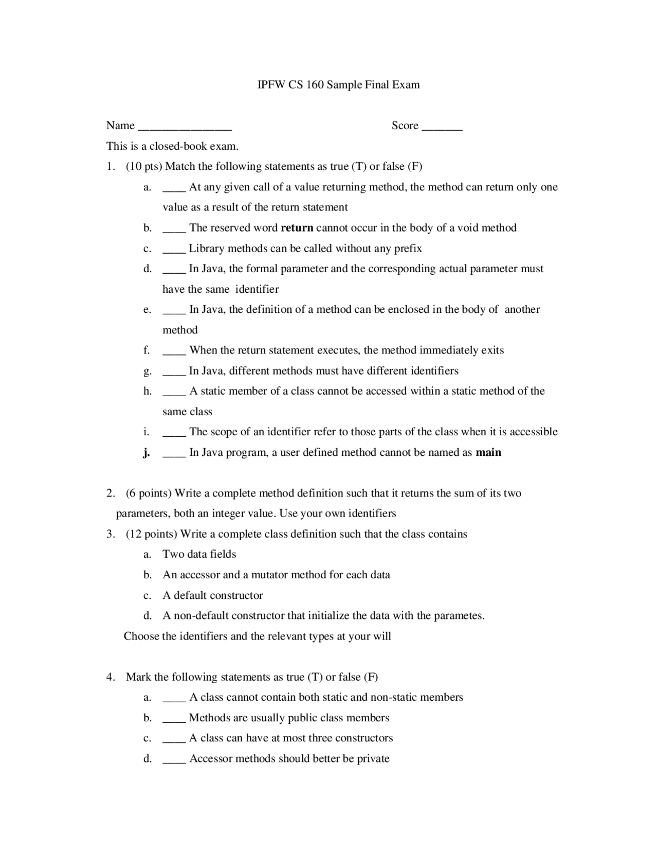 Sample Questions for Final Exam - Introduction To Computer Science I ...