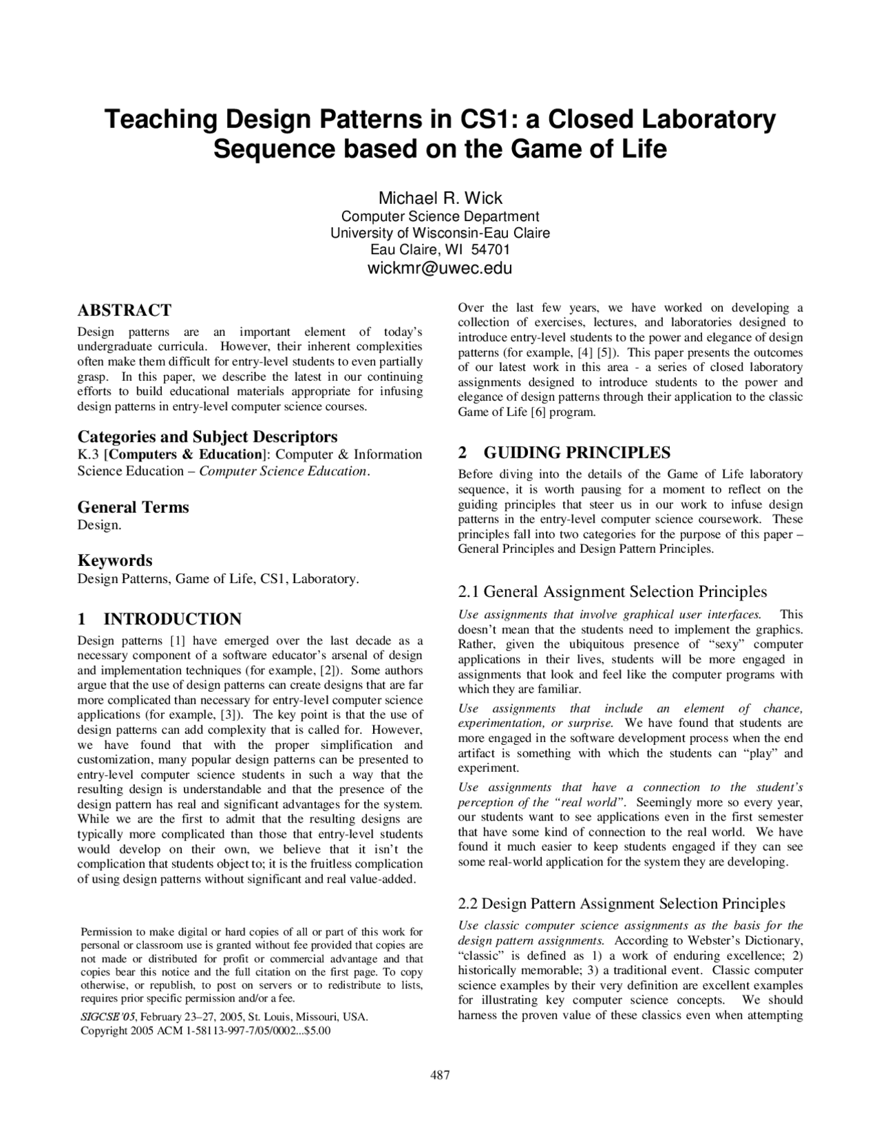 A Closed Laboratory Sequence Based on the Game of Life | COMP 202 - Docsity