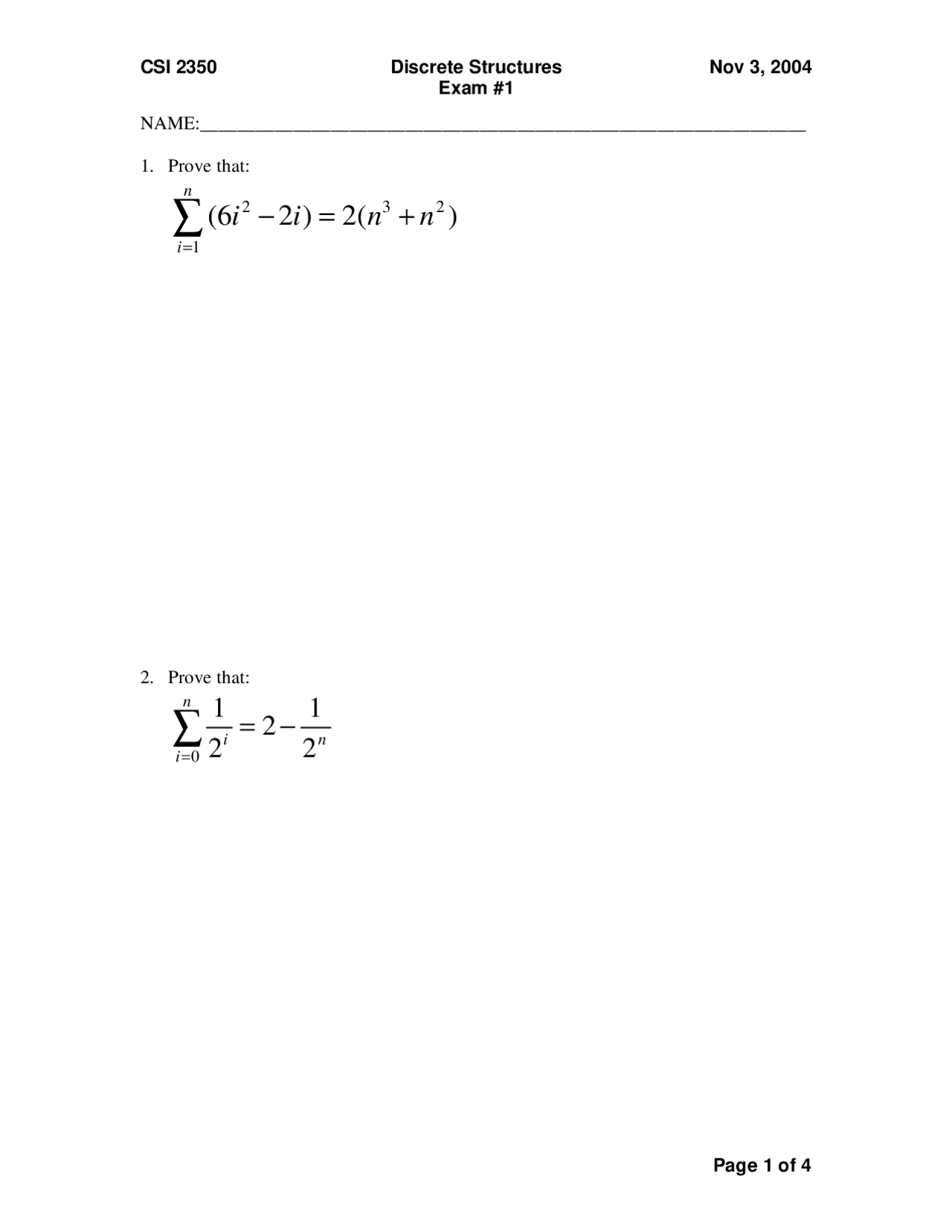 Discrete Structure Important Questions 10 Questions of Discrete Structures - Exam 1 | CSI 2350 - Docsity