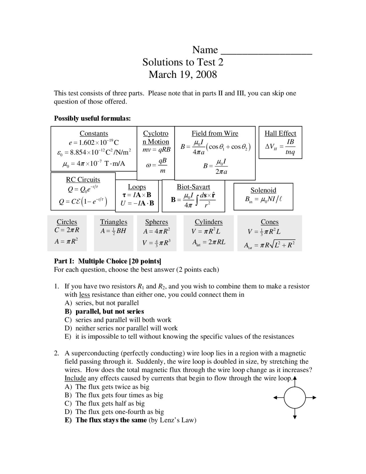 Solution to Test 2 - General Physics II | PHY 114 - Docsity