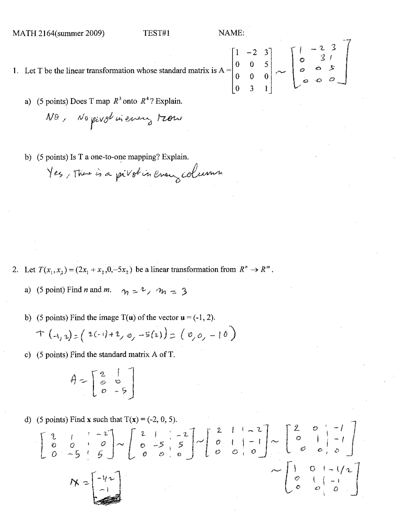 5 Questions Solved for Test 1 - Matrices and Linear Algebra | MATH 2164 ...