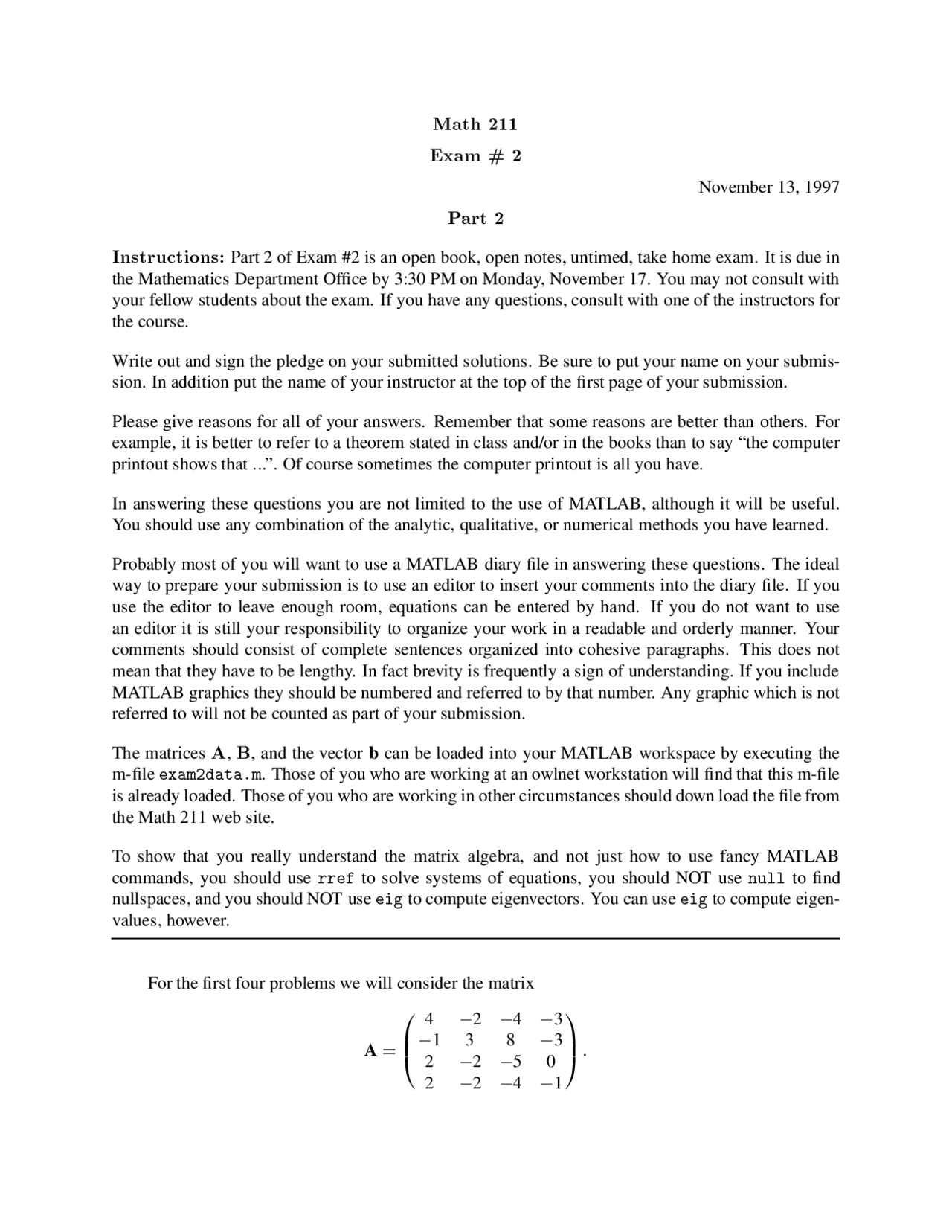 Exam 2 - Ordinary Differential Equations and Linear Algebra - 1997 ...