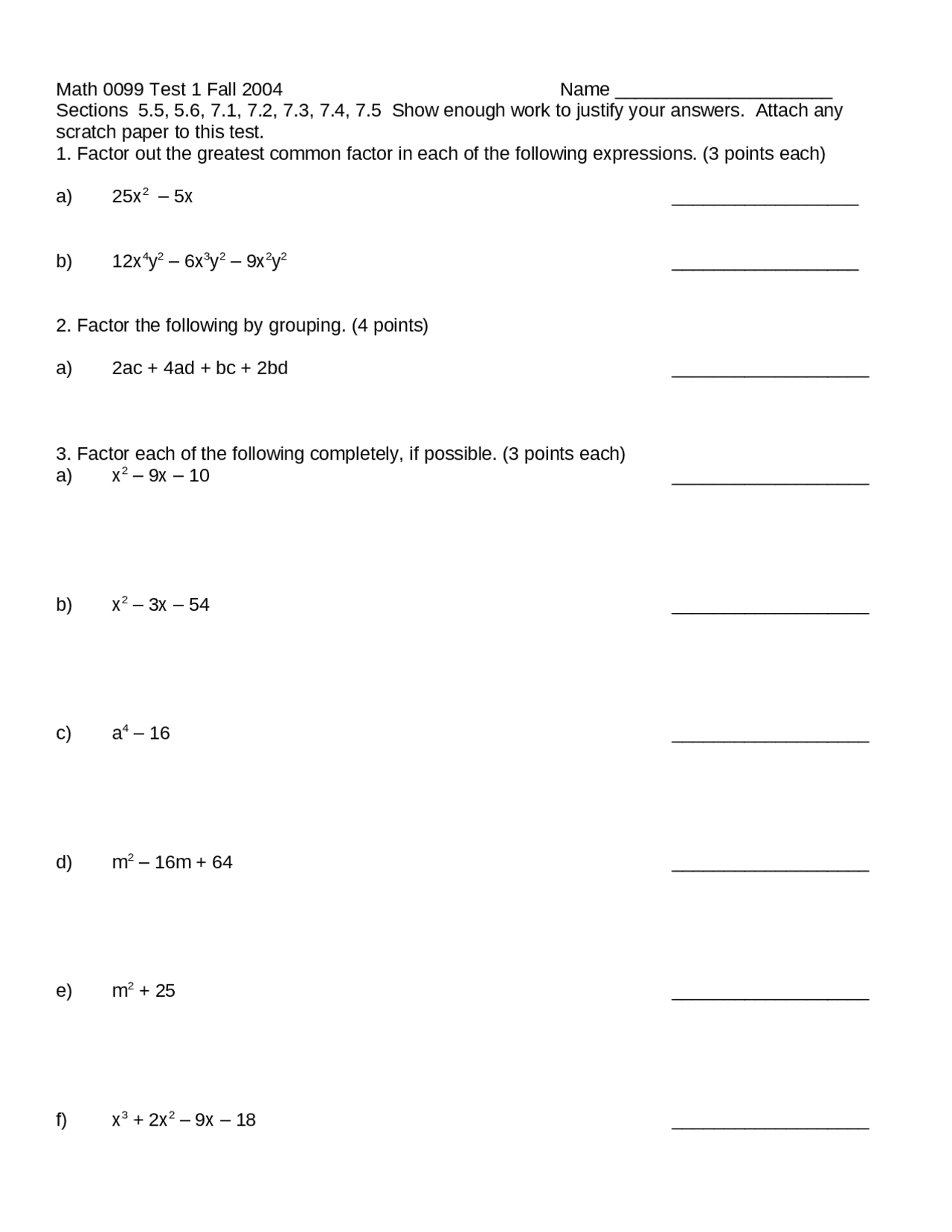 8 Problems on Intermediate Algebra - Examination | MATH 0099 - Docsity