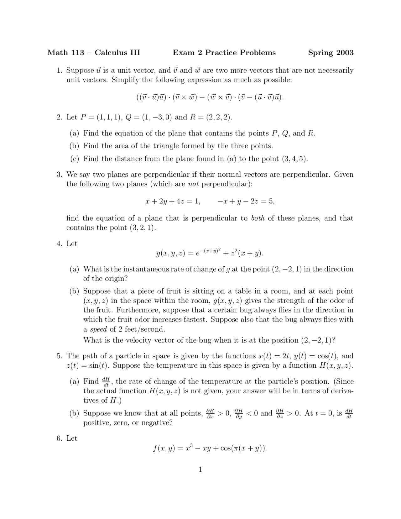 Exam 2 Practice Problems - Calculus III--Multivariable | MATH 113 - Docsity