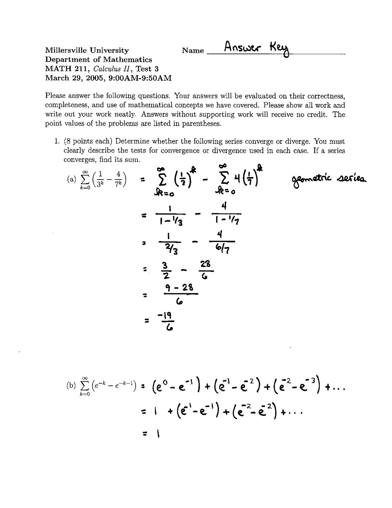 Past Test 3 Problems with Answer Key - Calculus II | MATH 211 - Docsity