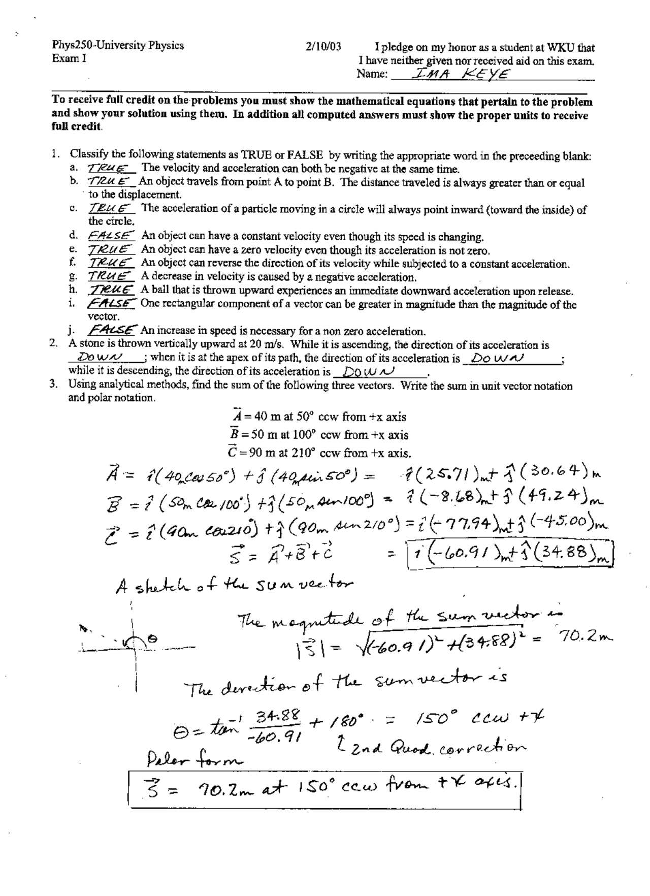 Solution to Exam 1 - Introductory Mechanics | PHYS 250 - Docsity