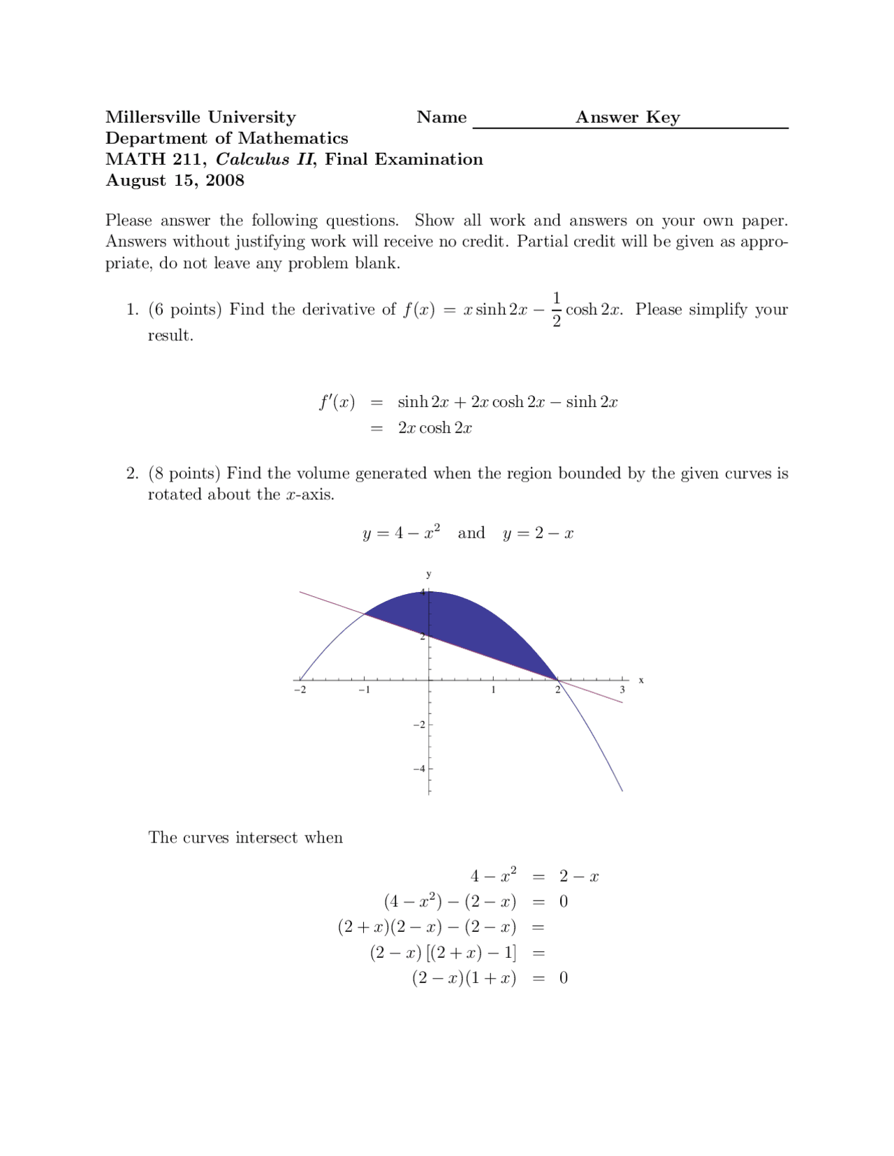 10 Mathematical Questions on Calculus II - Final Exam | MATH 211 - Docsity