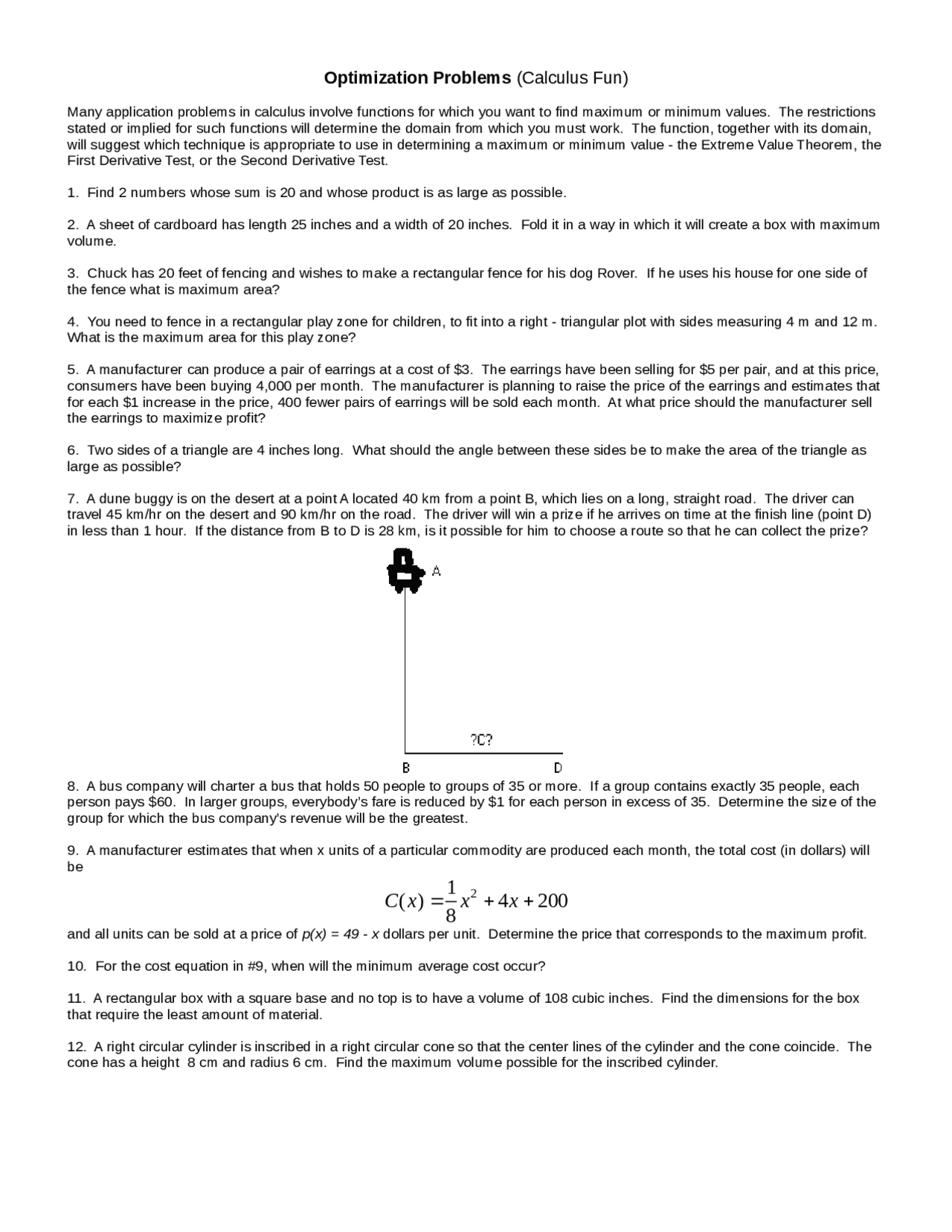 Optimization Calculus Form Optimization Problems for Calculus I | MATH 1910 - Docsity