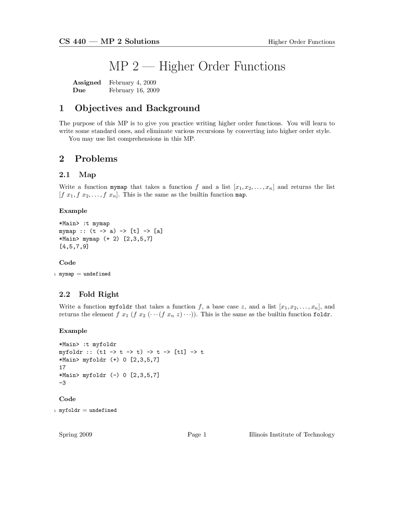 Higher Order Functions - MP 2 Solutions | CS 440 - Docsity