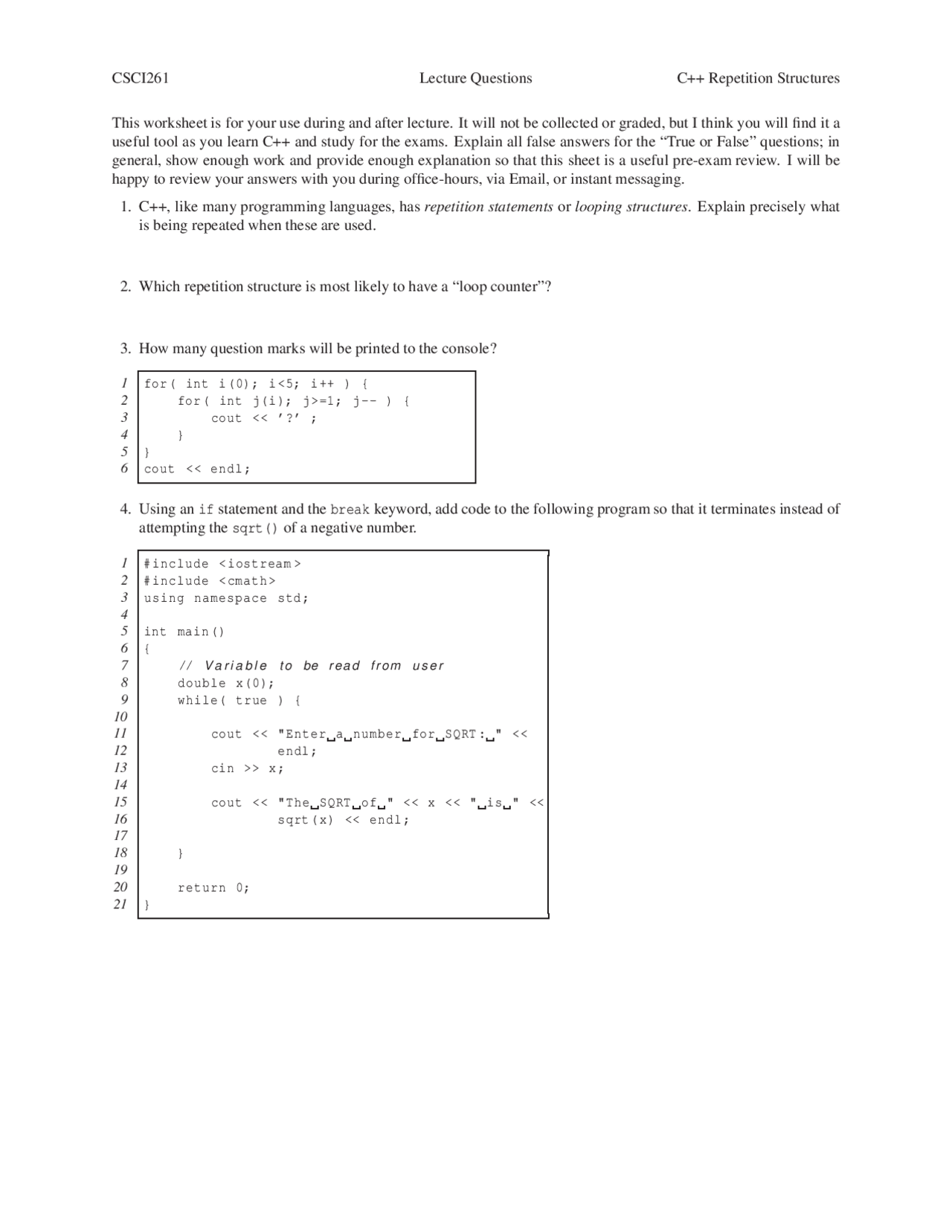 8 Questions on Programming Concepts of Java - Examination | CSCI 261 ...