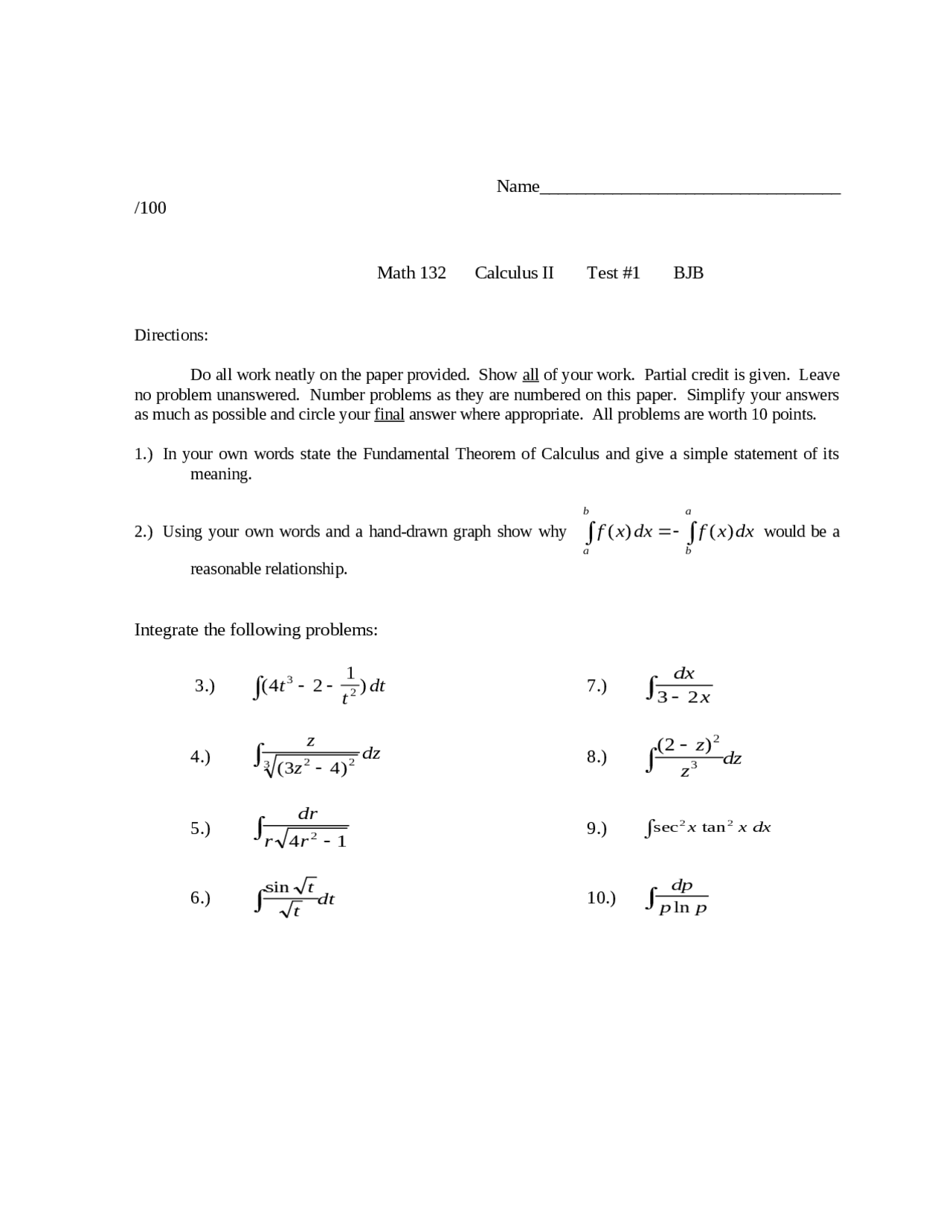 10 Problems on Calculus II - Examination 1 | MATH 132 - Docsity