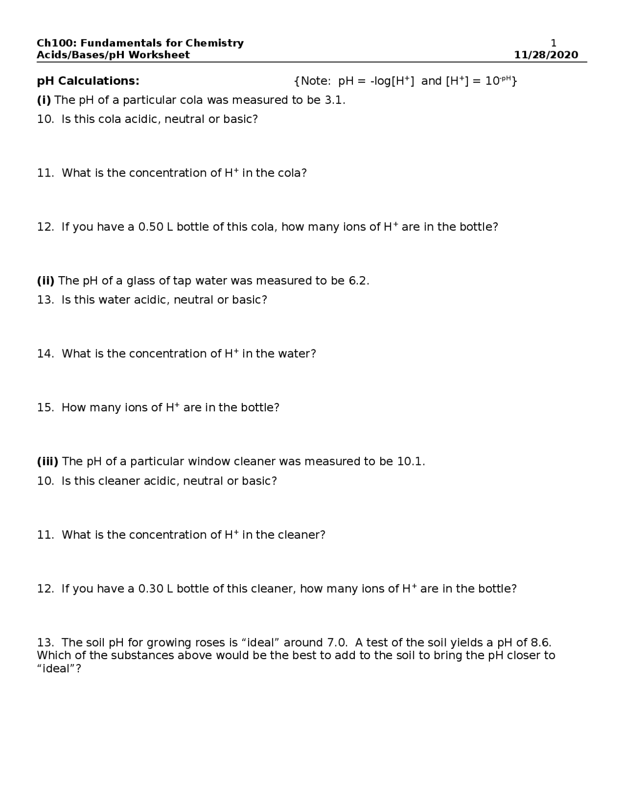 Acids Bases PH Worksheet Assignment CH 100 Docsity acids-bases-ph-worksheet-assignment-ch-100-docsity
