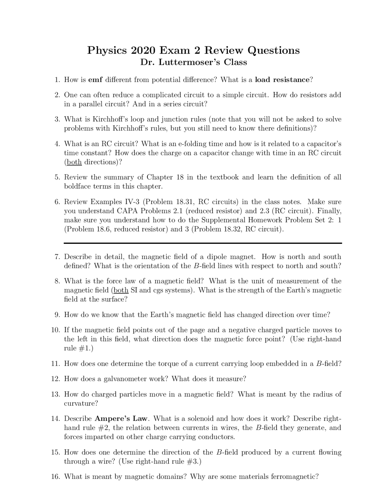 Exam 2 Review Questions General Physics II PHYS 2020 Docsity