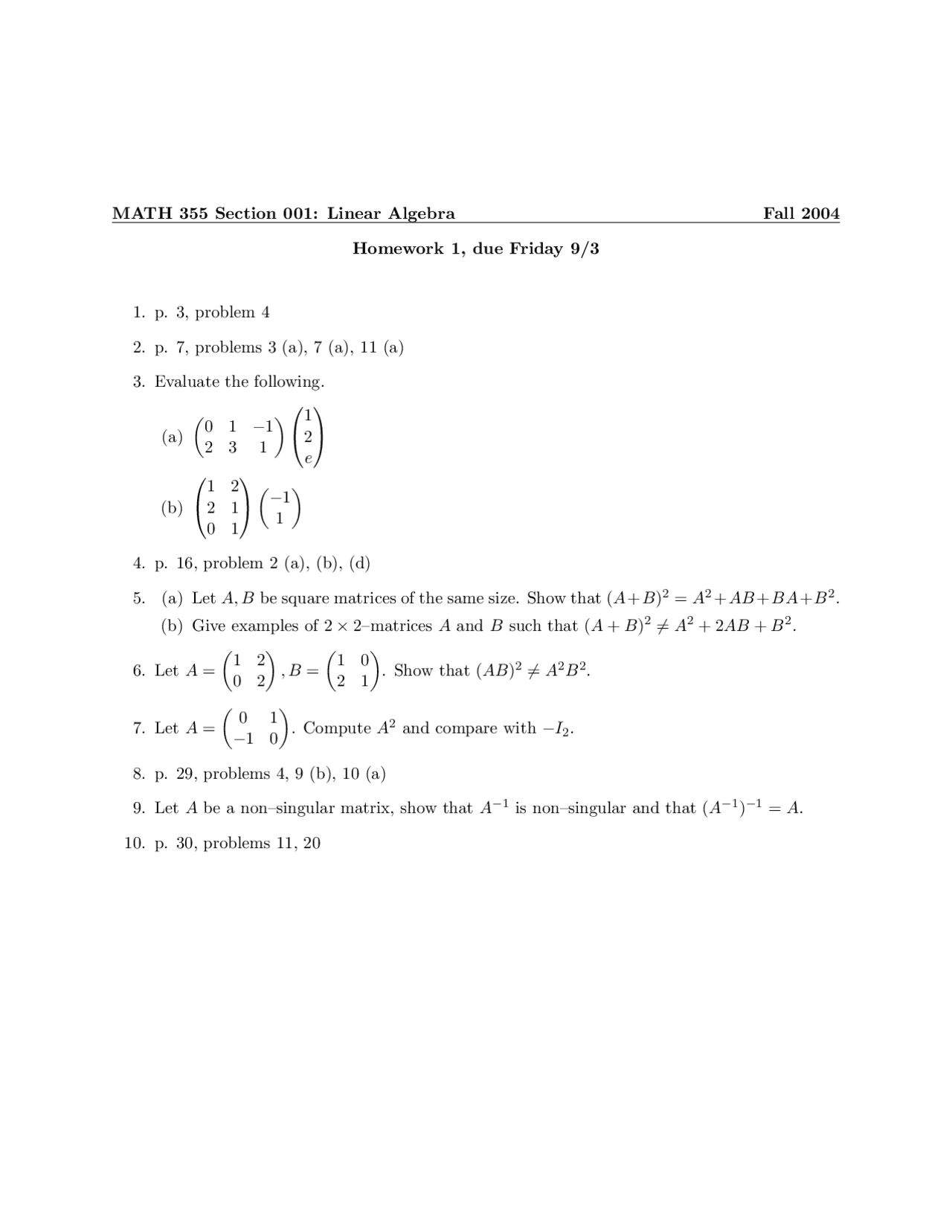 Linear Algebra Homework 1 for MATH 355, Fall 2004 | Assignments Linear ...
