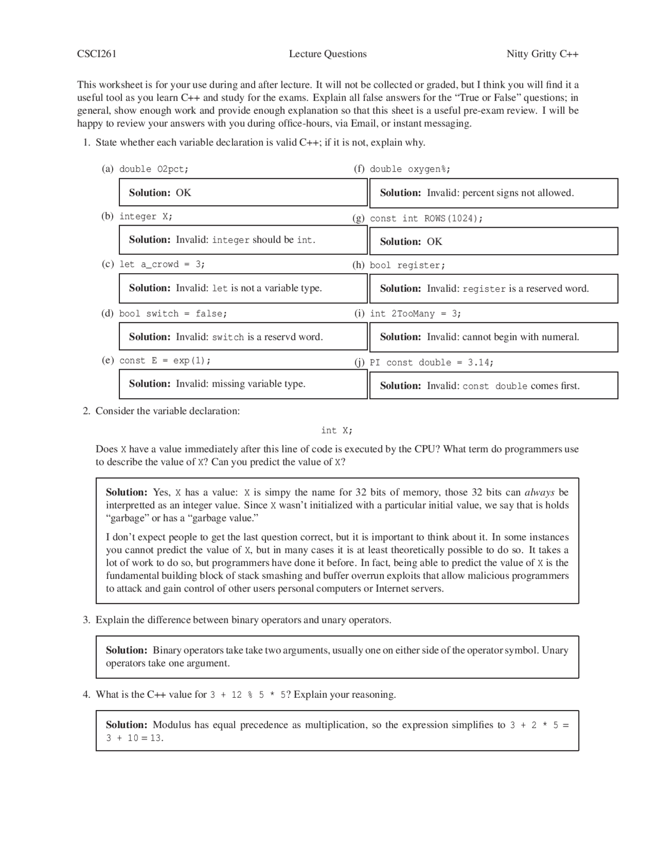 15 Questions on Programming Concepts - Java | CSCI 261 | Exams Computer ...