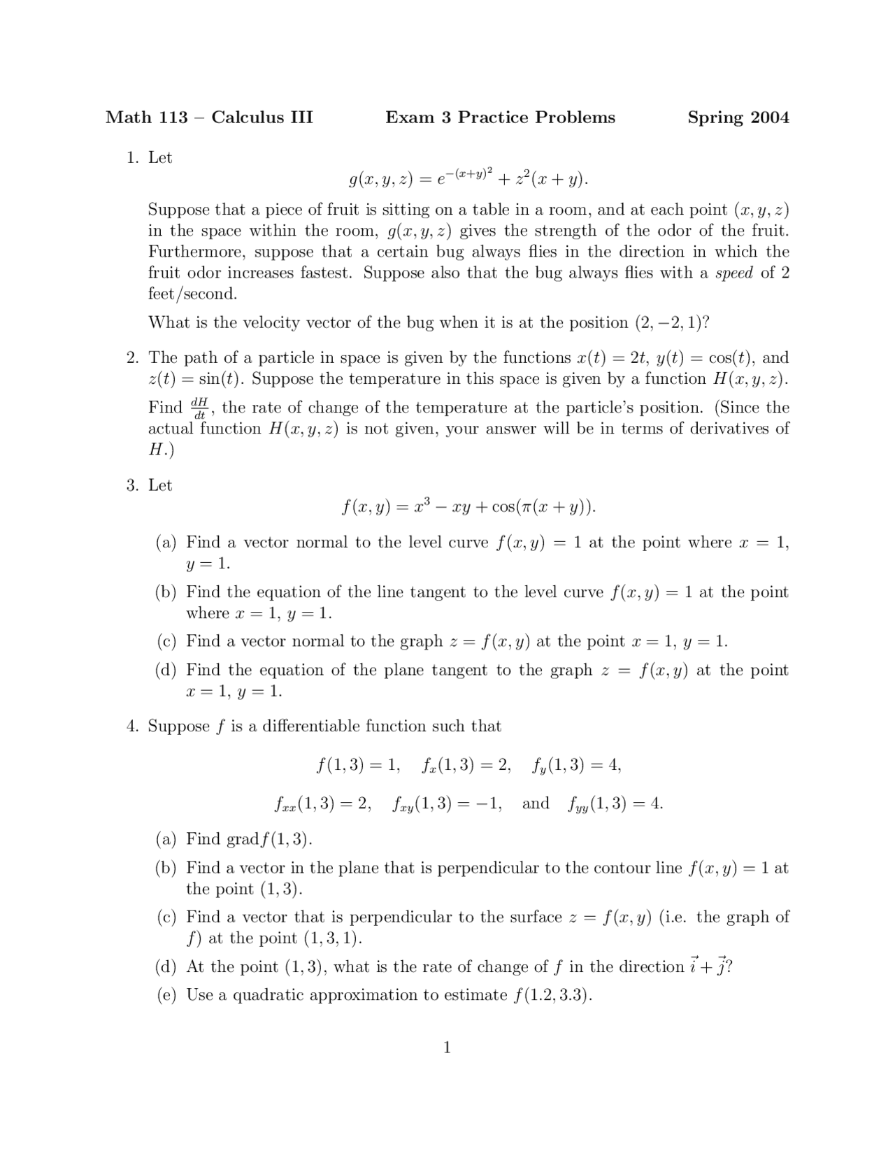 Exam 3 Practice Problems with Solution - Calculus III--Multivariable ...