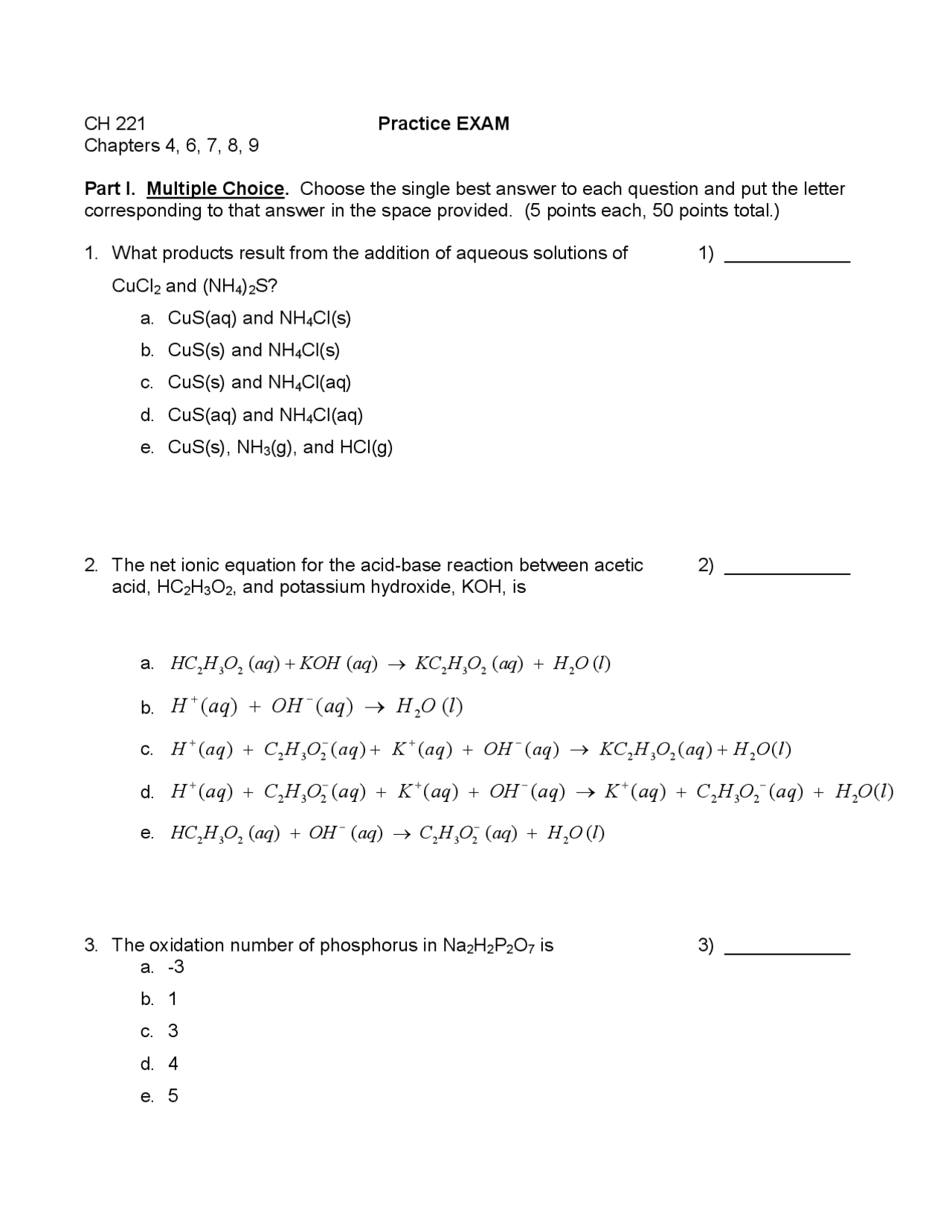 Practice Examination for General Chemistry | CH 221 - Docsity